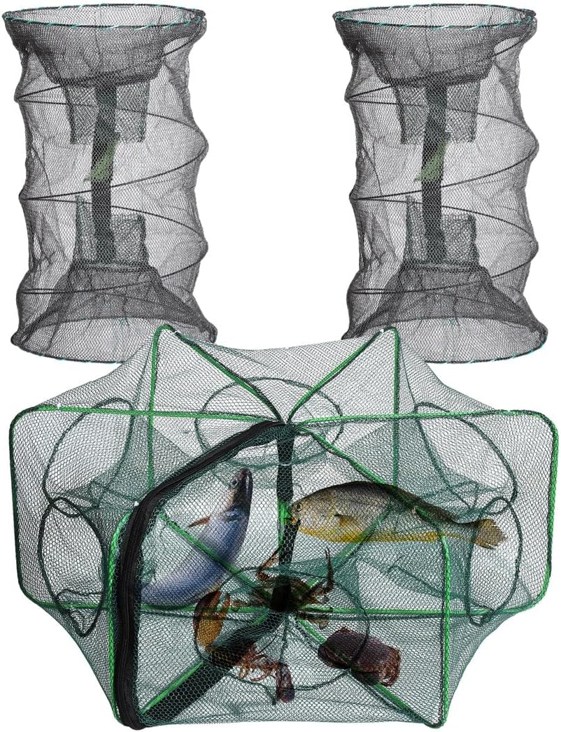 Fishing Bait Traps, Crawfish Fishing Mesh Nets, Cylindrical Hexagon Crab Traps, Fishing Net Traps, Lobster Shrimp Net Traps, Portable Folded Fishing Accessories, 3 Pcs