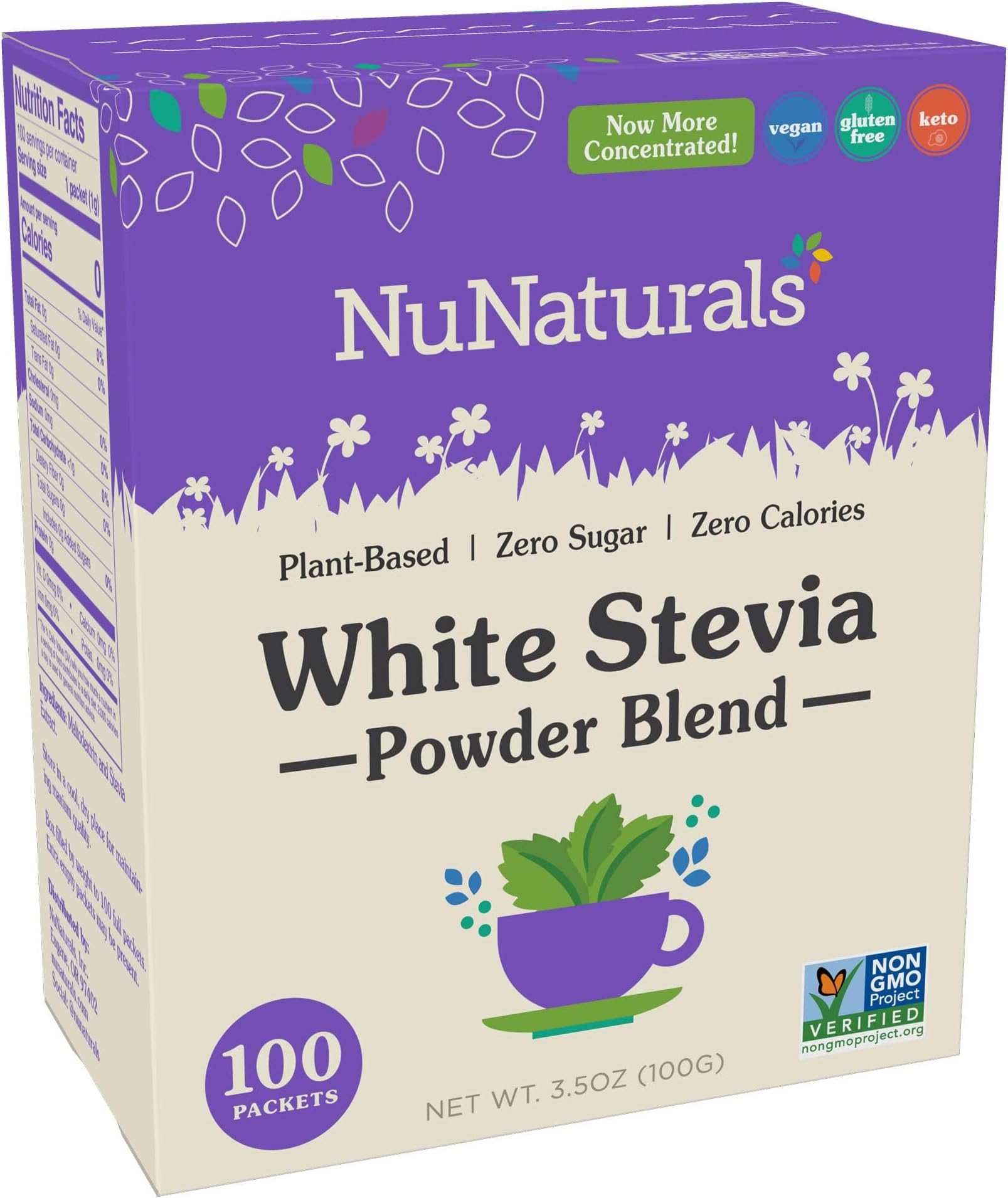NuNaturals White Stevia Powder Packets, Single-Serve, Zero Calorie Sugar Substitute, 100 count