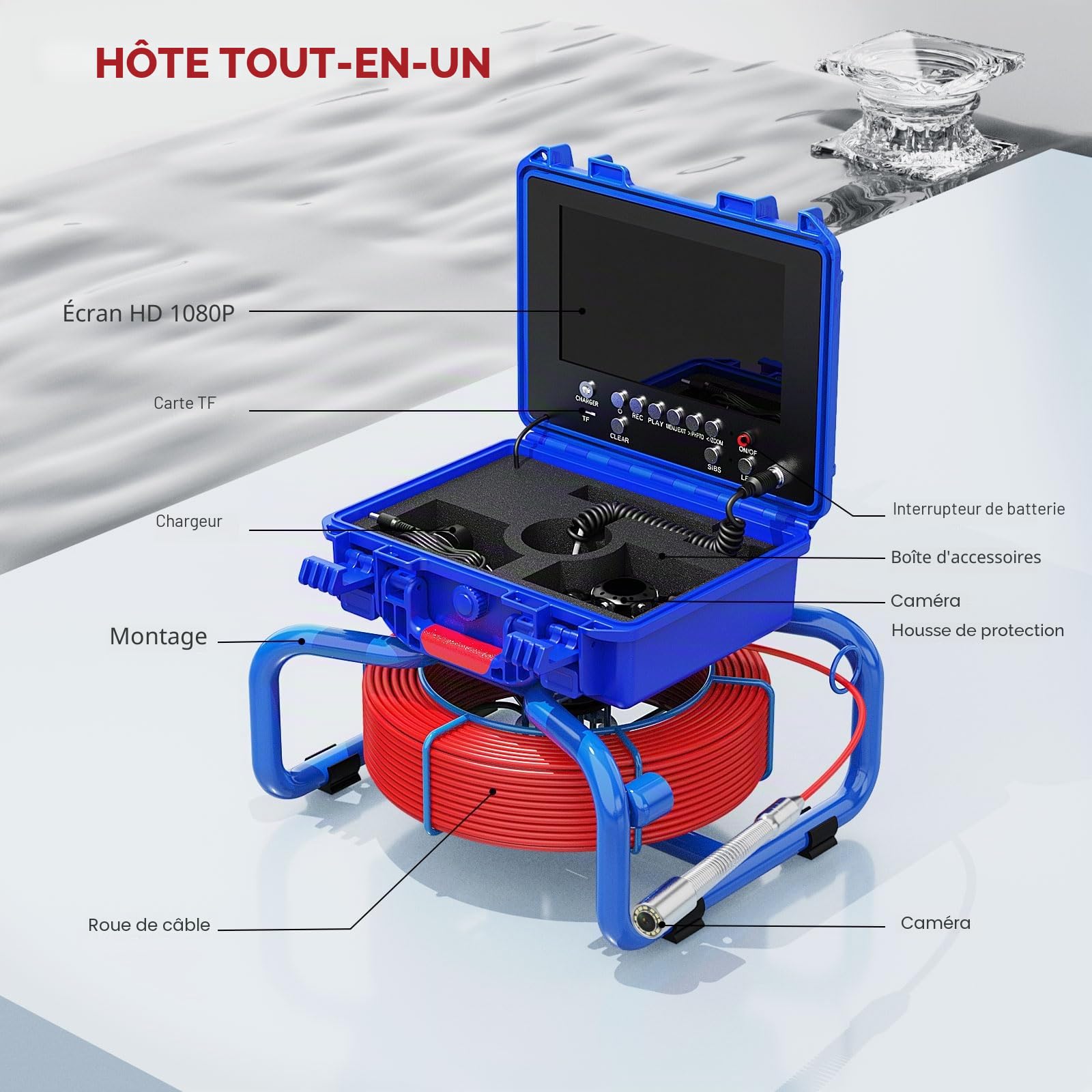 Camera Inspection Canalisation avec Compteur de Distance, 9'' IPS Moniteur Caméra Endoscopique avec Enregistreur DVR, Étanche IP68 Plombier Tuyaux Drain Endoscope Industriel