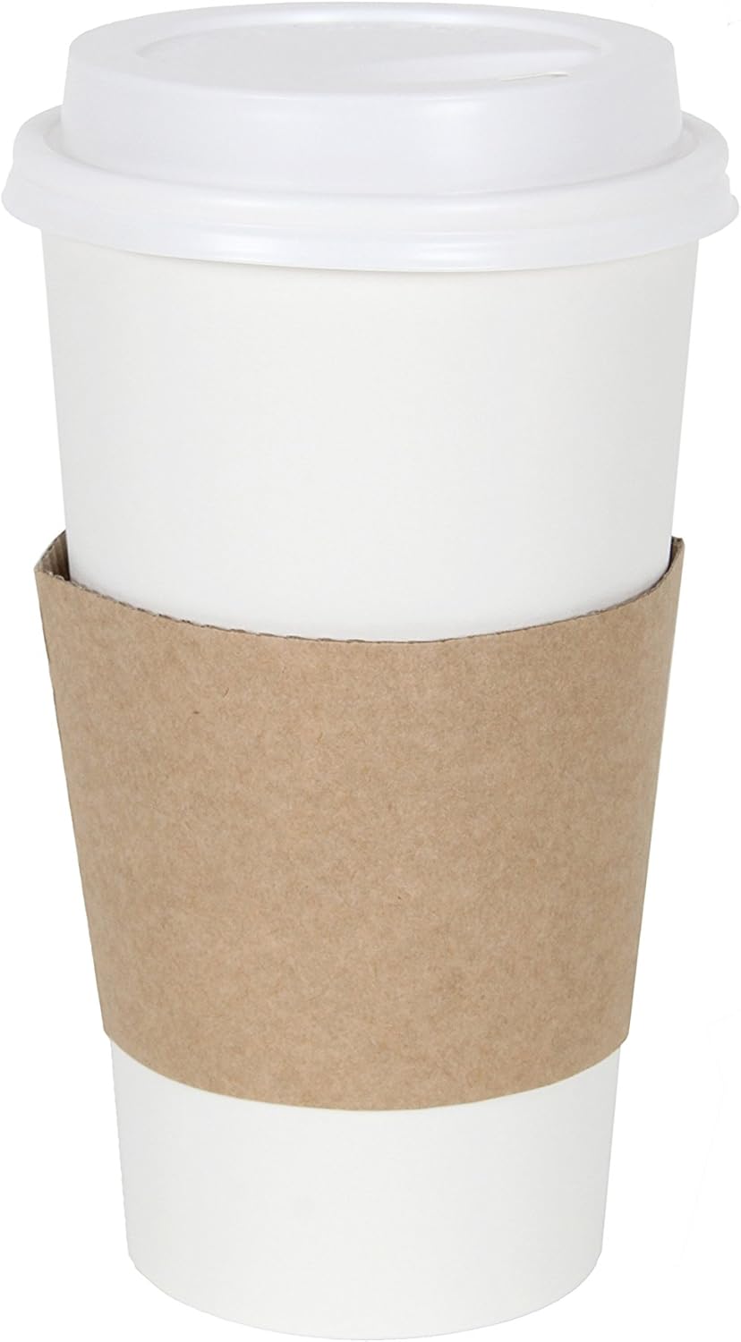 CucinaPrime White Paper Hot Coffee Cups with White Lids and Sleeves (20 Ounce - 50 Pack)