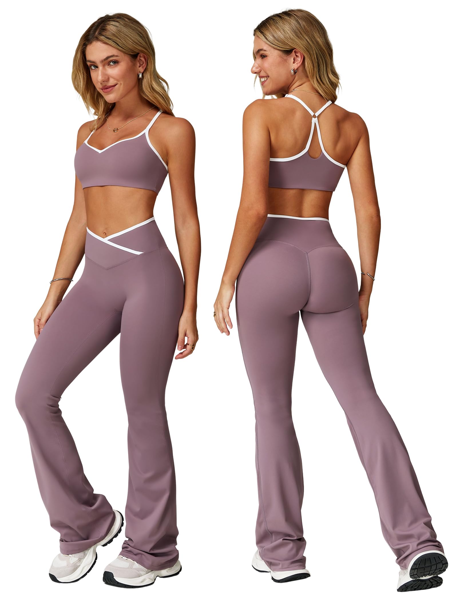 IDOPIP Sport-Set Zweiteiler Damen für Fitness: Kontrastfarbe Rückenfrei Gym Set mit Kompression gepolstertem BH und Crossover Po-Lifting Leggings Schlaghose - Yoga Outfit für Pilates Workout