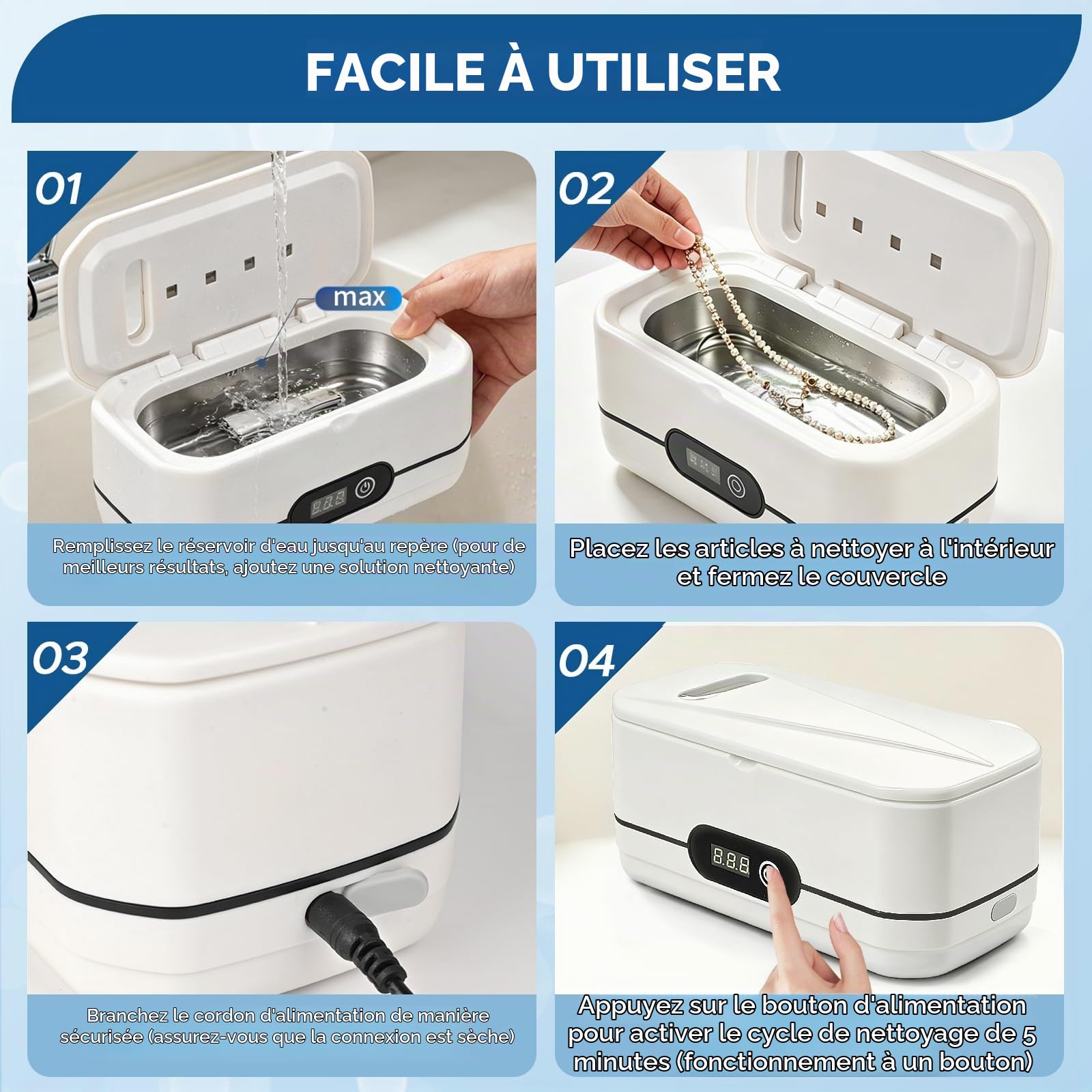Nettoyeur Ultrasons, 45KHz UV Ultrasonic Cleaner 400ml