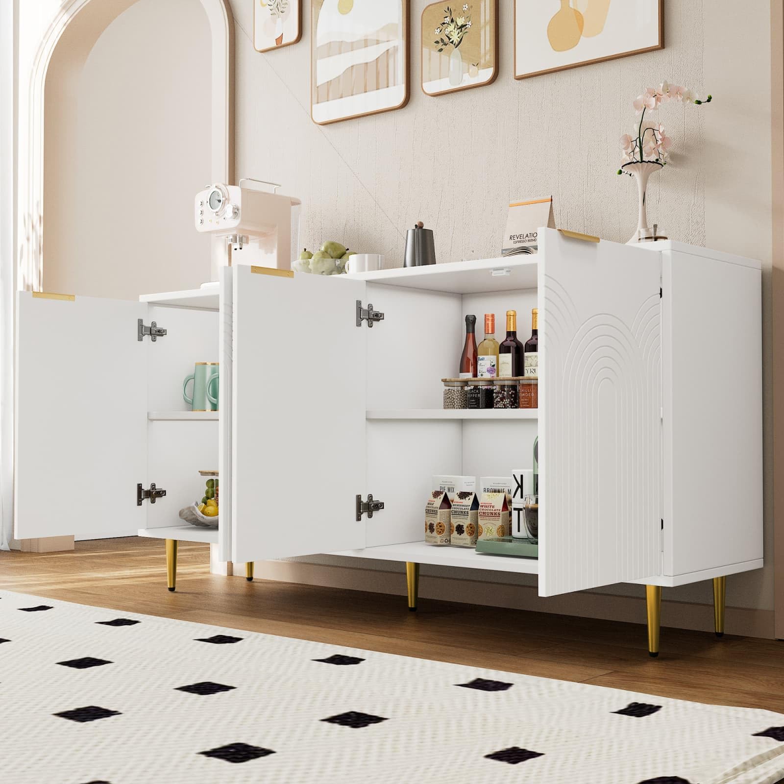 Sweiko Meuble de Rangement 160x80x40cm, Armoire de Cuisine 4 Portes avec Poignées Dorées Brossées et Pieds Brillants, Beaucoup d’Espace de Rangement pour Le Salon et la Cuisine (White)