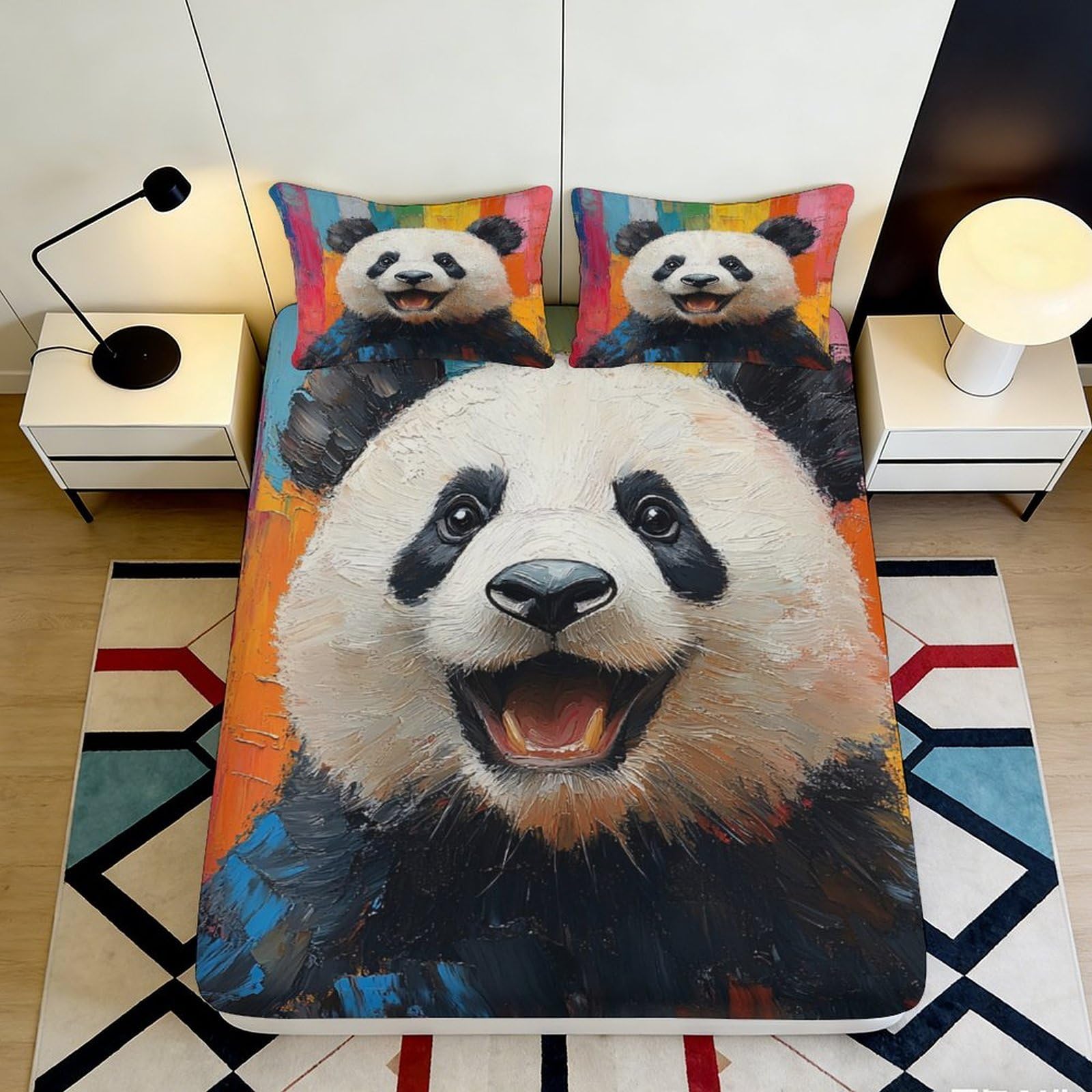 3D Printed panda motif Fitted Sheet soft touch Microfiber for bedroom, wrinkle resistant, guest room bedding, easy to remove, dustproof 90x200x25cm