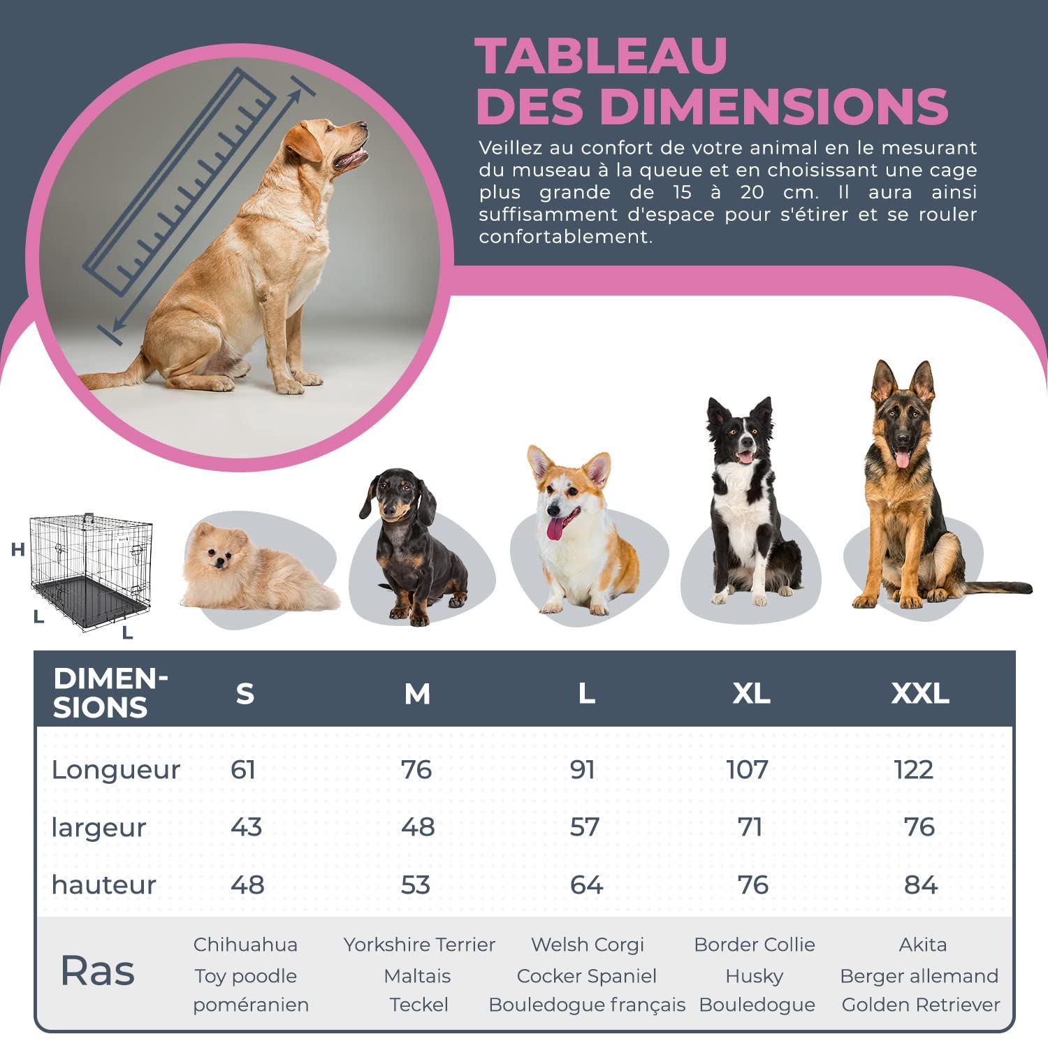 MaxxPet Metal Cages de Chiens, Caisse de Transport pour Chien, Cage Chien XXL avec 2 Portes, Cage Chien Interieur, Dog Crate Voiture, Cage Pliable Chien, 122x76x84cm, Noir