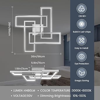Modern Ceiling Light LED, 66cm Silver Dimmable Ceiling Lights Fixtures LED with Remote Control, 4-Square Chrome Living Room Lamp for Dining Room Bedroom Office Kitchen Living Room Light - 56W [Energy Class E]