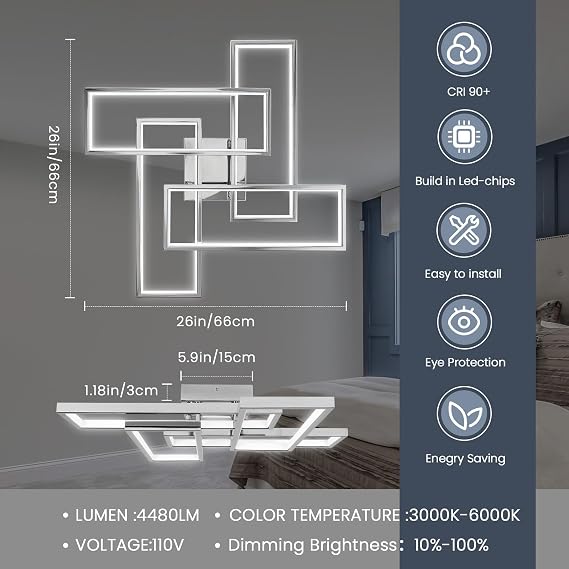 Modern Ceiling Light LED, 66cm Silver Dimmable Ceiling Lights Fixtures LED with Remote Control, 4-Square Chrome Living Room Lamp for Dining Room Bedroom Office Kitchen Living Room Light - 56W [Energy Class E]