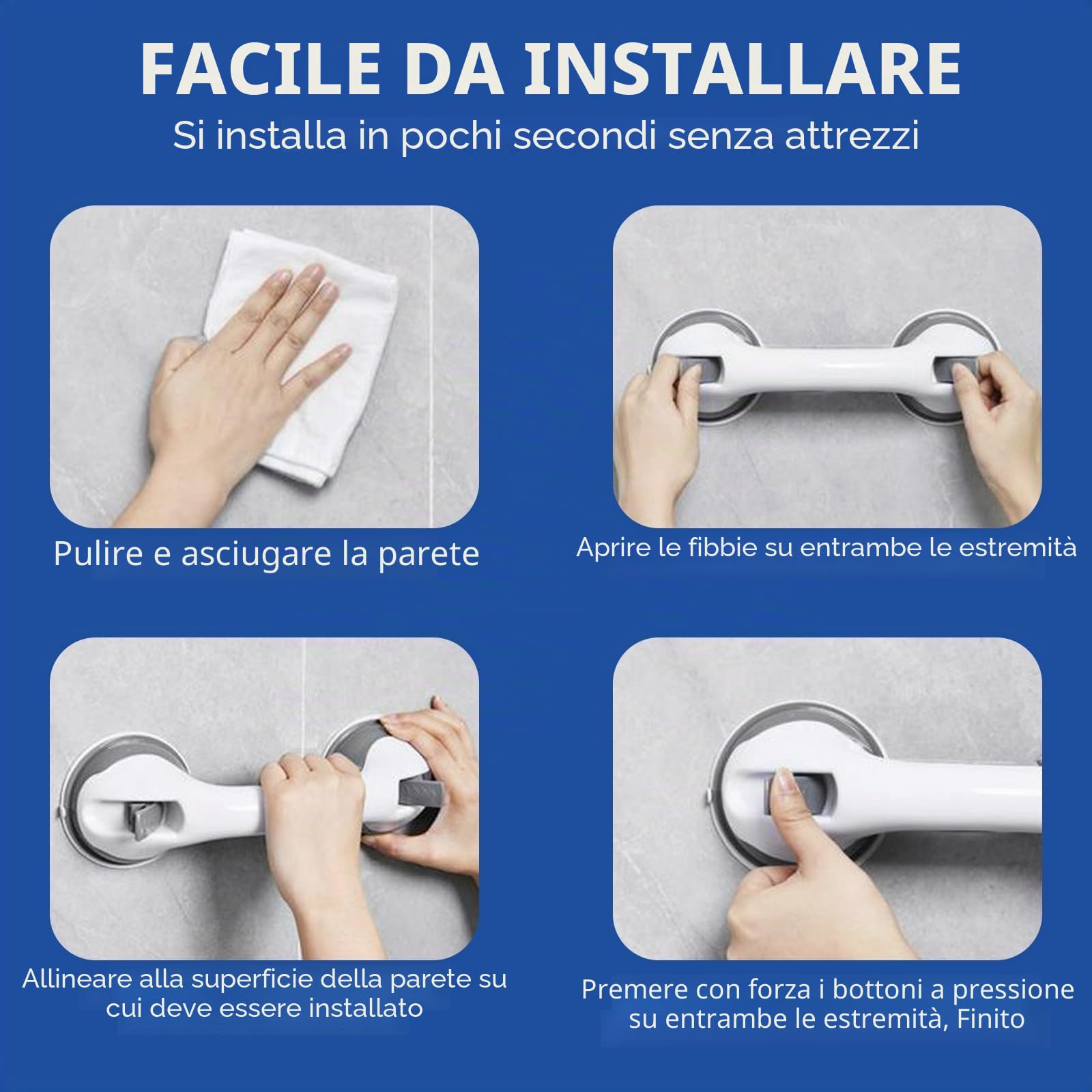 Maniglia per anziani, 2 pezzi, per doccia con ventosa, senza foratura, antiscivolo per doccia e bagno, tenuta forte fino a 110 kg, maniglia di sicurezza per anziani, grigio, 30 cm