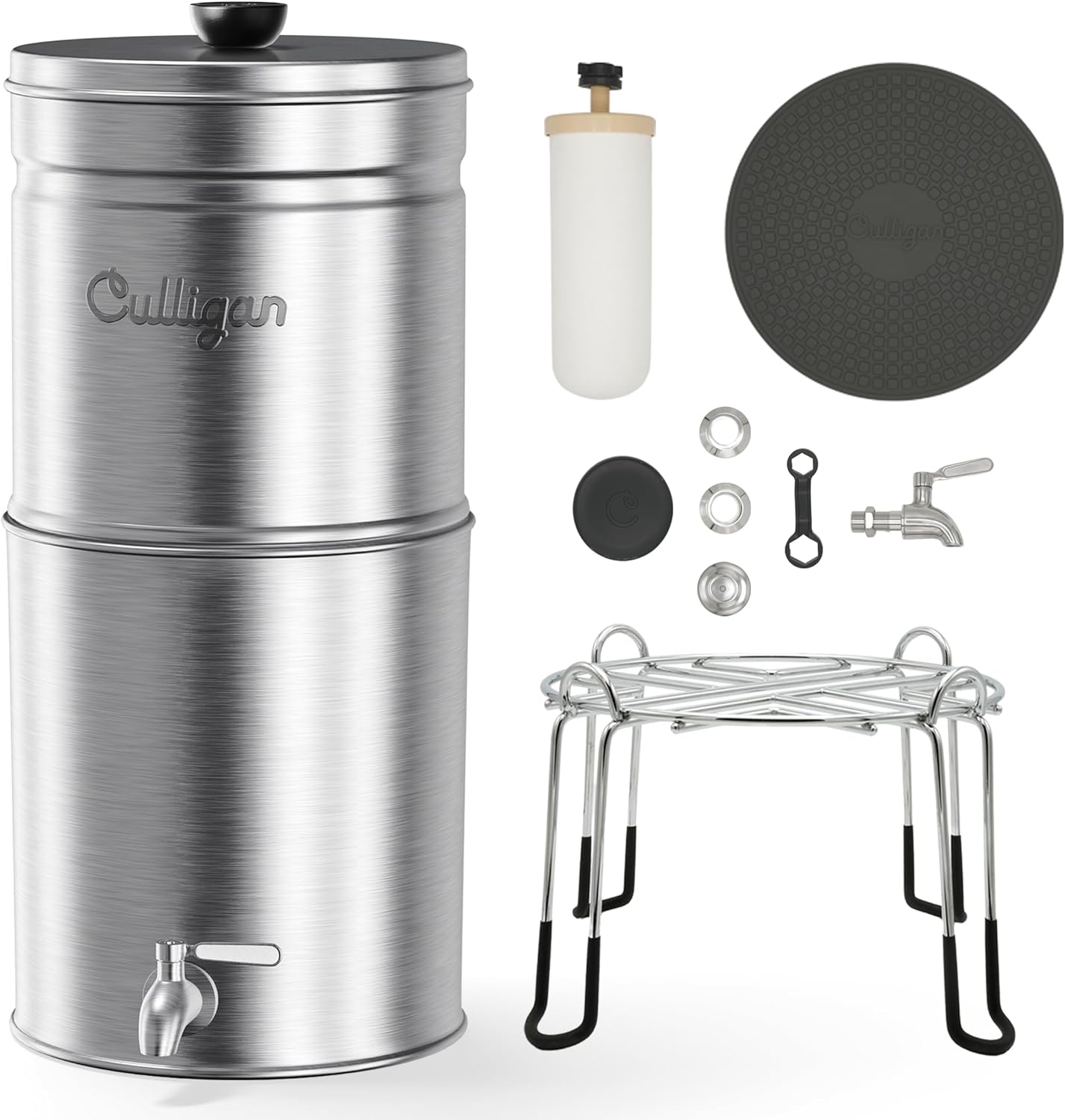 Culligan MaxClear 3 Gallon Gravity Water Filter System, Brushed Stainless-Steel Countertop Water Filter NSF/ANSI Certified to Reduce Microplastics, Lead & Total PFAS, with 1 Ceramic Filter