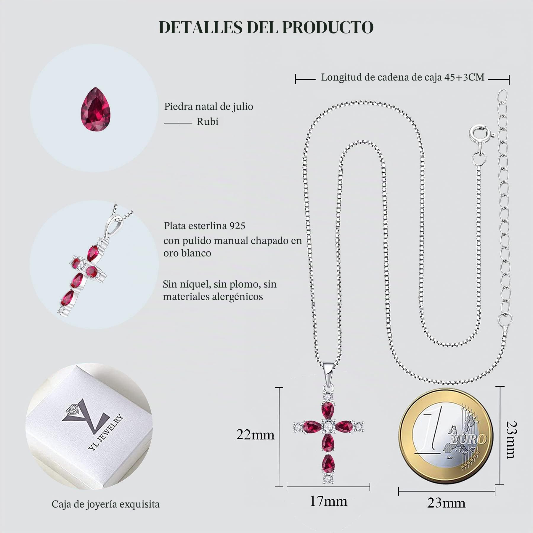 YL Collar Cruz Plata de Ley 925 con 12 Piedras de Nacimiento de Circonita Regalos con Colgante de Crucifijo para Mujeres Mamás, 45-48 CM