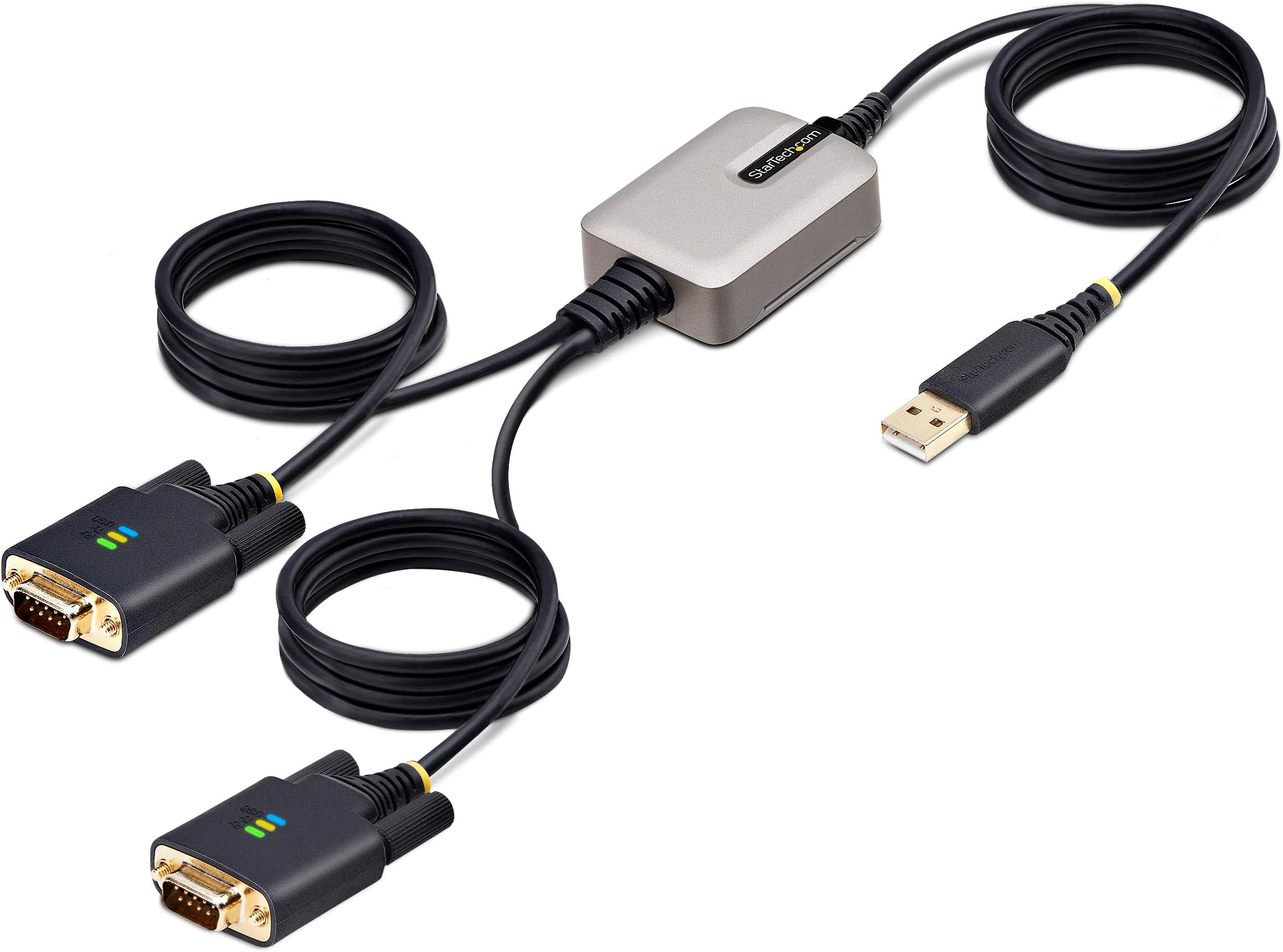 StarTechcom 4m 2-Port USB to Serial Adapter, COM Retention, FTDI, USB-A to DB9 RS232 Cable, Interchangeable Screws/Nuts
