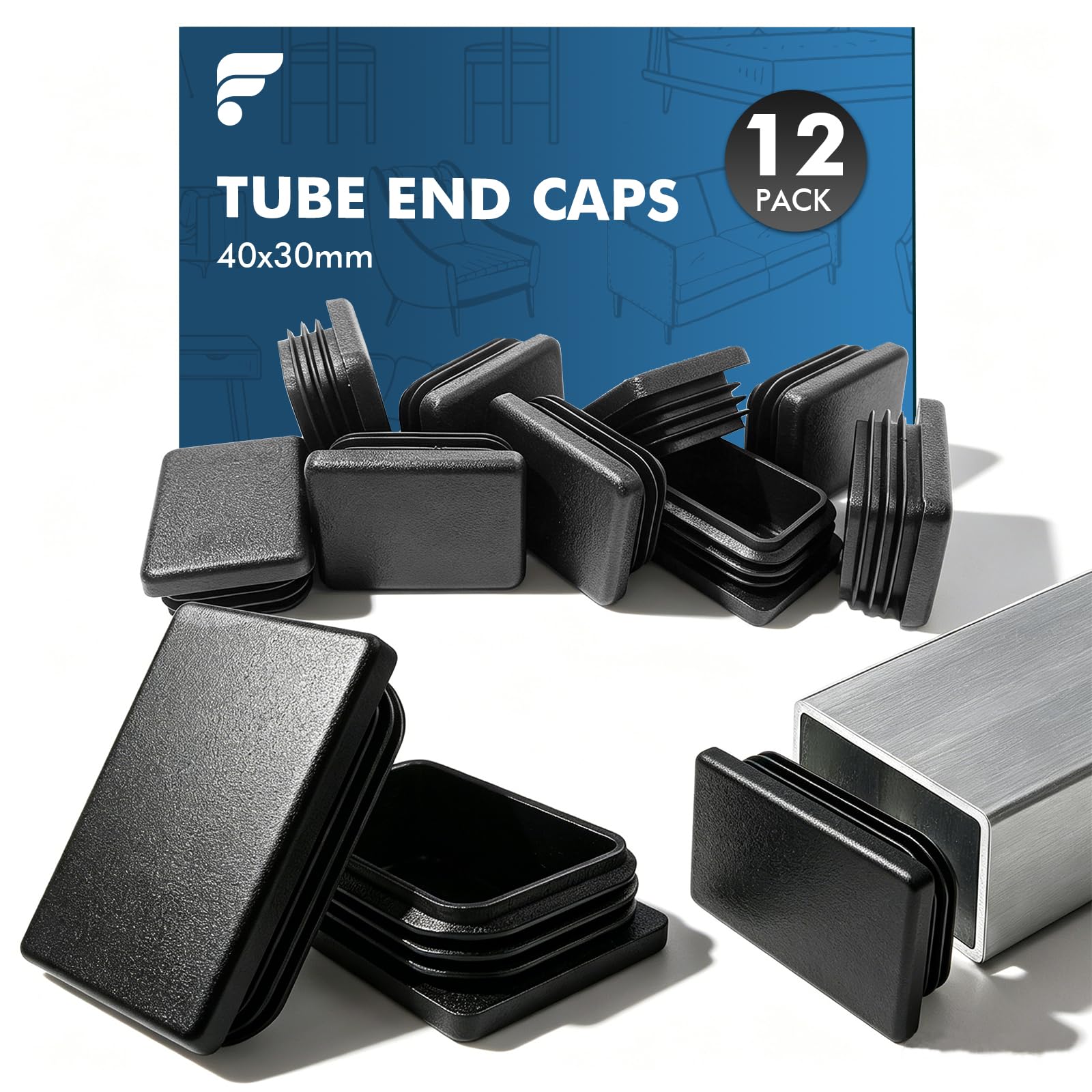 shinfly 40x30 mm Rectangular Tube Inserts, Black Plastic End Caps, 12 Pack