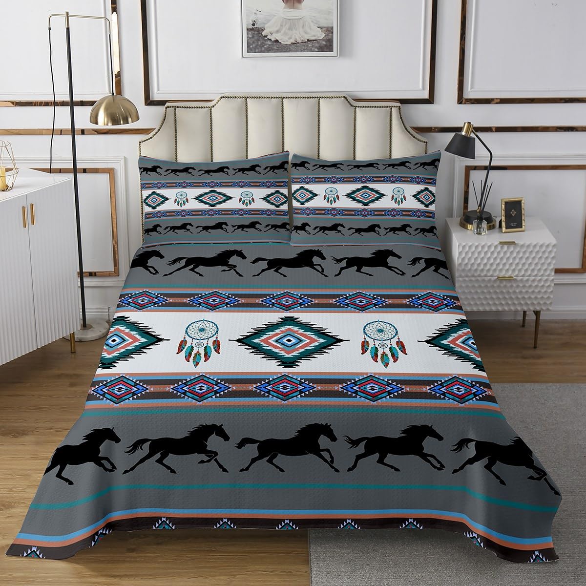 Castle Fairy Aztec Tribal Coverlet Set Queen Size,American Southwest Native Boho Durable Bedspread for Girls Teens,Ethnic Stripes Horse Gray Black Soft Polyester Quilt Set, with 2 Pillowcases