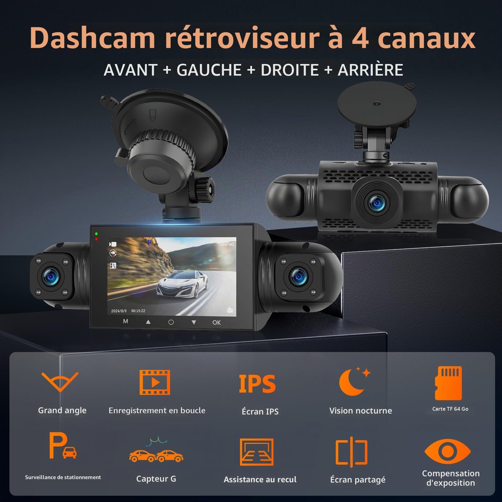 Mirror Dash Cam 4 Channel Front Rear, Rear View Mirror Camera with 64GB Card/G-Sensor/Parking Monitoring/Night Vision/24H Parking Mode + Waterproof 1080P Camera