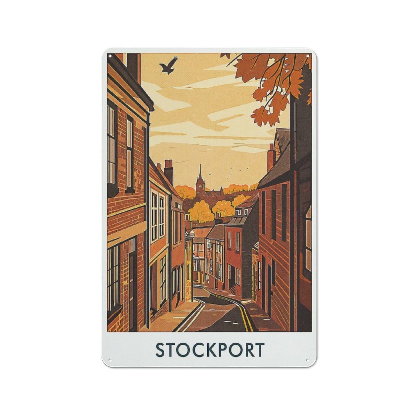 Junmoney Style-2 Stockport Town Illustration Retro Metal Wall Decor 30X20cm, Retro Metal Sign For Garage, Hobby Room, Office Or Man Cave