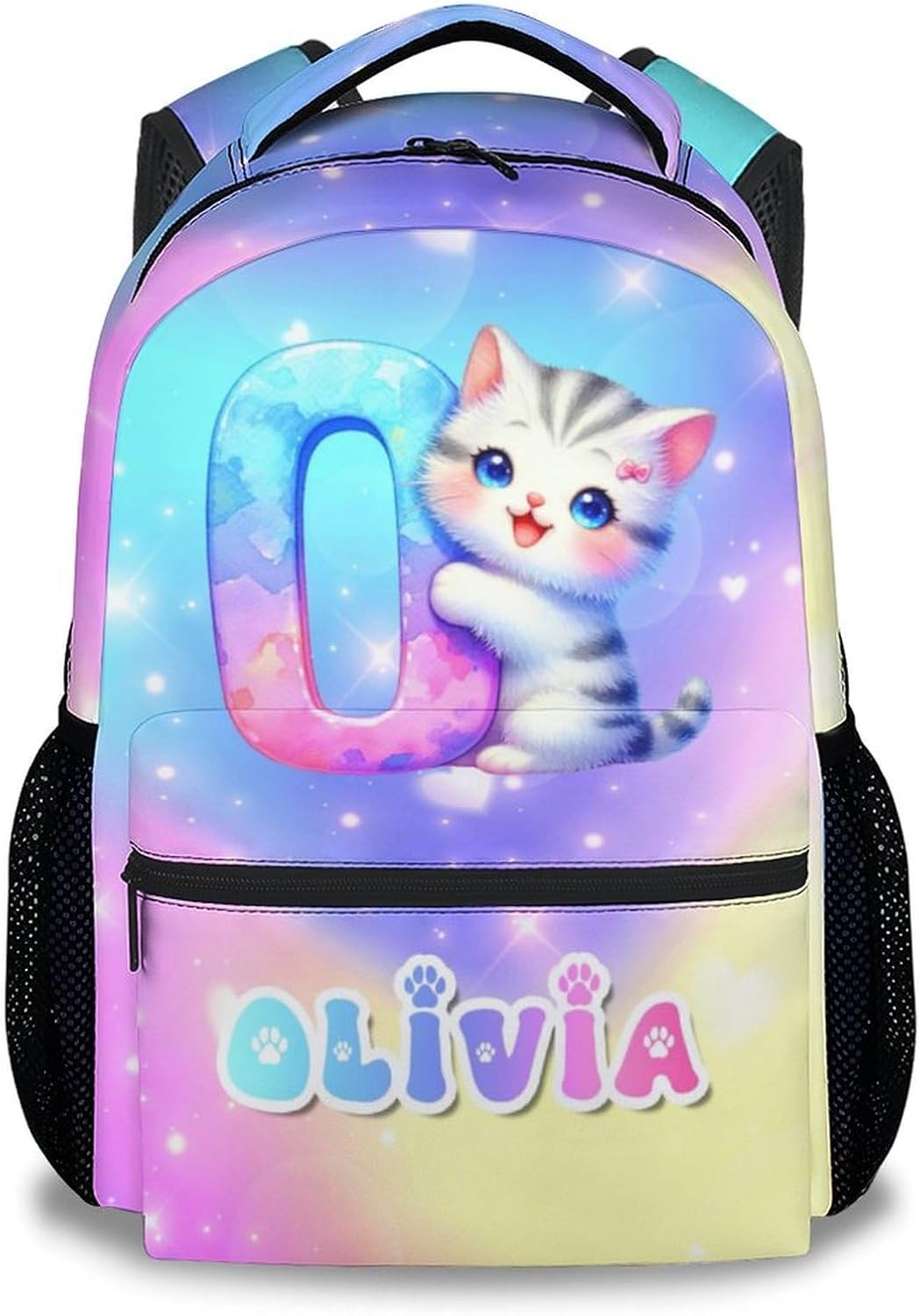 Backpacks for Kids, 17 Inch Custom Cat Backpacks for Ages 4-6, Personalized Colorful Portable Lightweight Initial Bookbag for Kindergarten