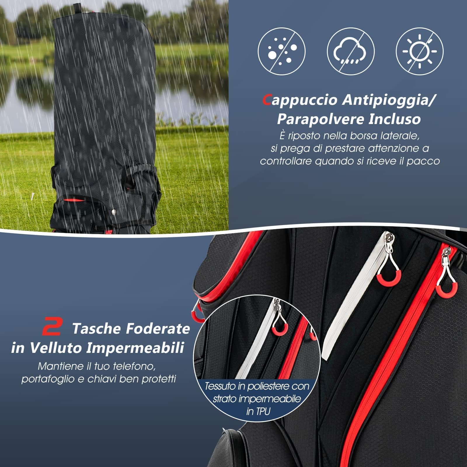 GYMAX Borsa da Golf 14 Divisori 8 Tasche con Cerniera Borsa Termica Copertura Antipioggia