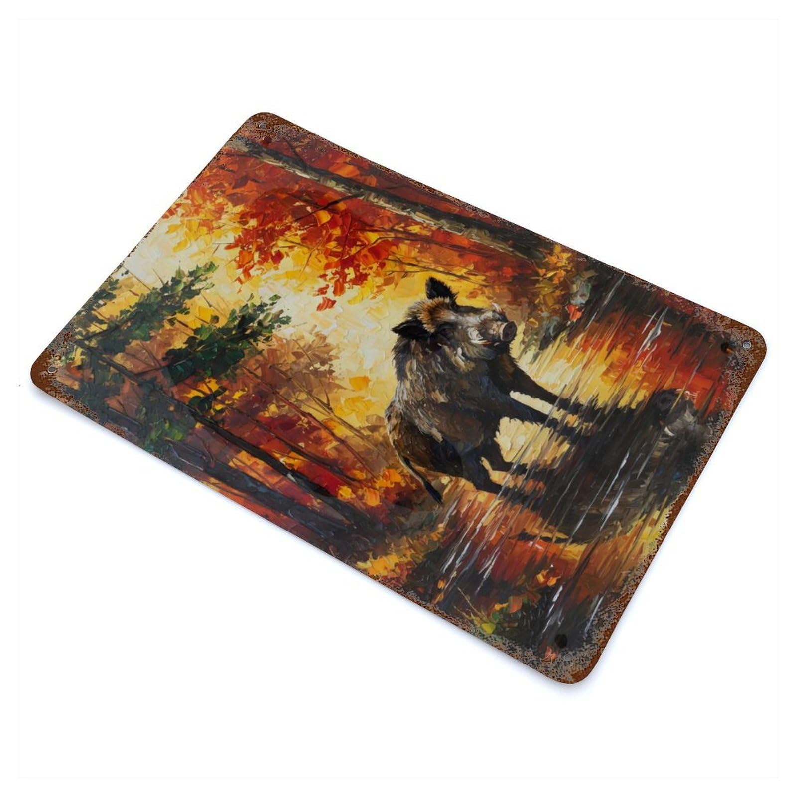 Rust Effect Wild Boar in Autumn Forest Painting Weathered Tin Sign 11.8"x7.9", Classic Wall Plaque for Living Room, Hallway And Home Decor