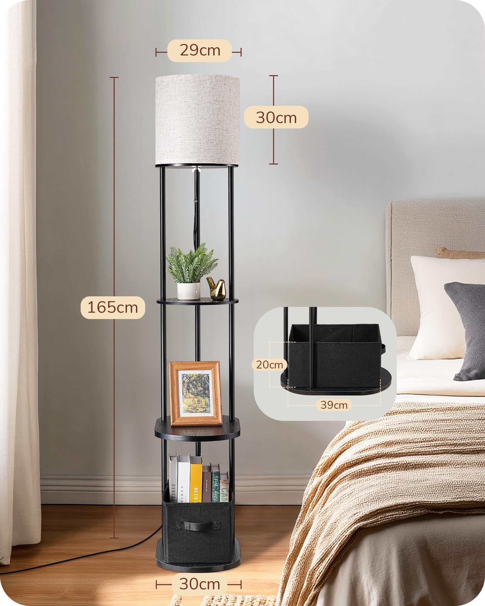 EDISHINE Stehlampe Wohnzimmer, mit Regal, Aufbewahrungskorb & USB-A+C | Inkl. Leuchtmittel, 3 Farbtemperaturen, 165 cm LED-Stehleuchte mit Ladestation, ideal für Schlafzimmer und Büro