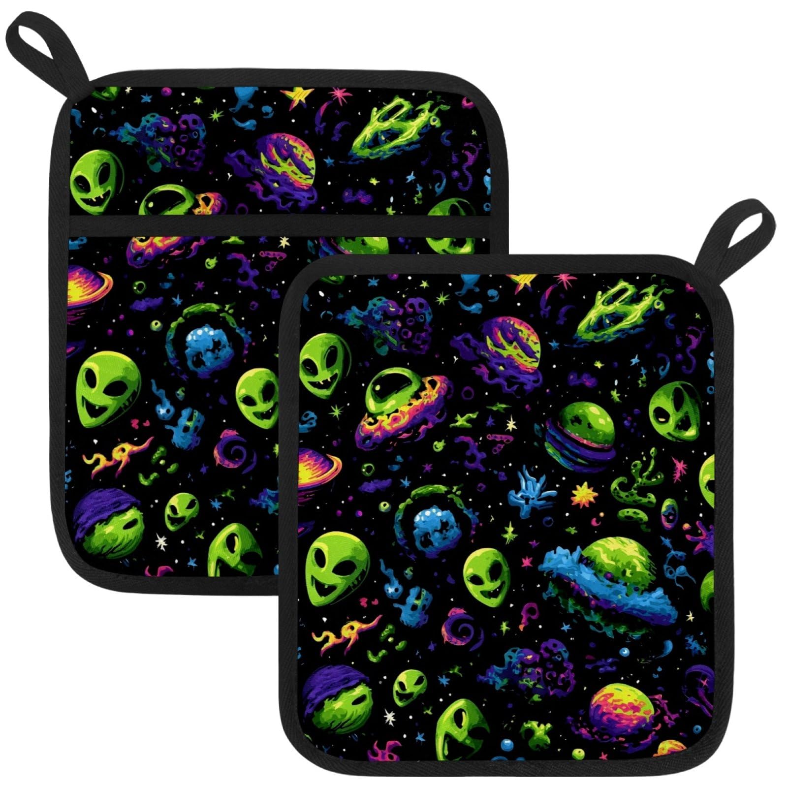 VAPOKF Abstract Alien Spaceship Pot Holders with Pocket for Kitchen Heat Resistant Potholders Large Polyester-Cotton Square Oven Mitts Set