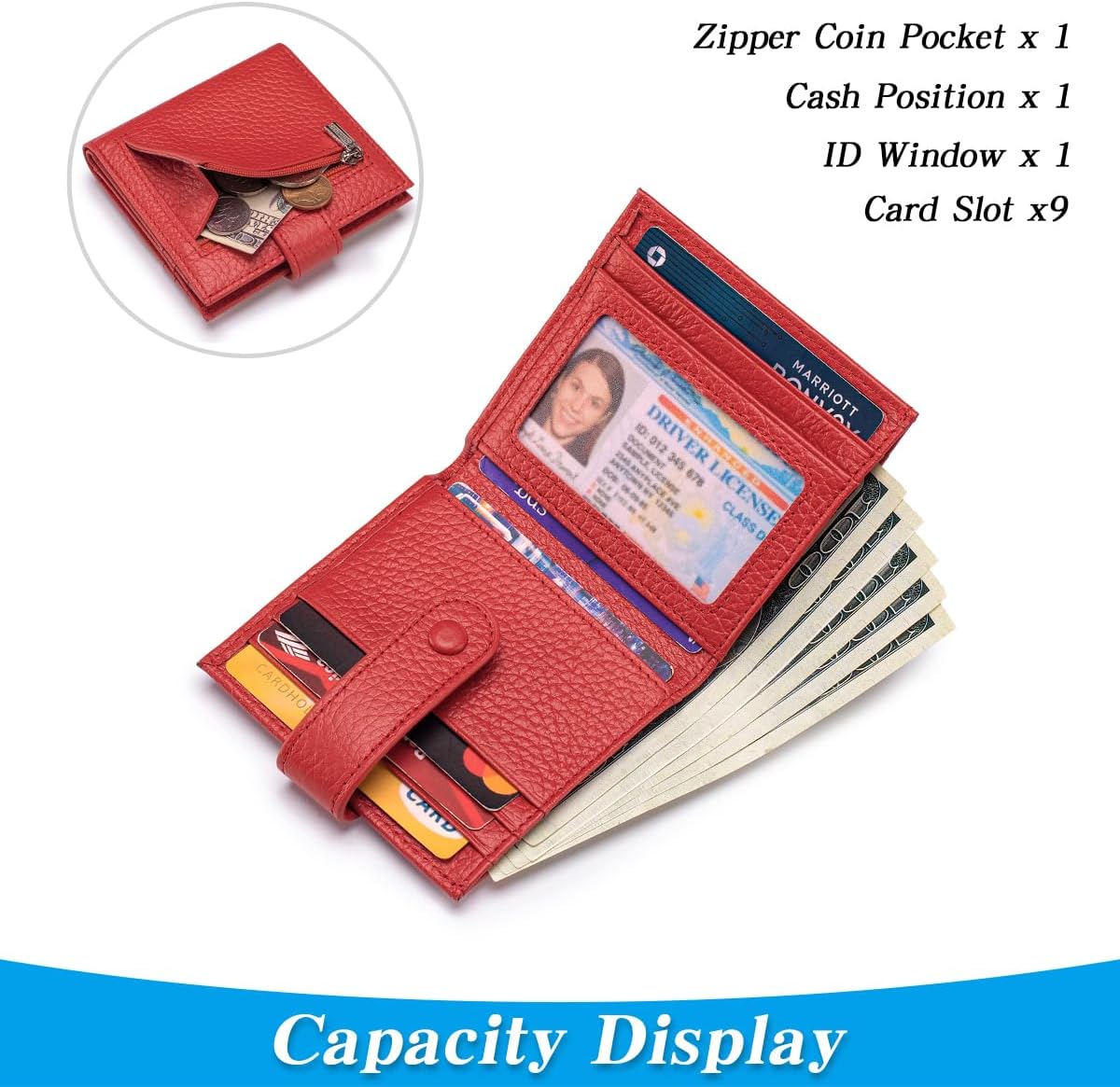 Slim Wallet For Women Genuine Leather Small Bifold Credit Card Holder Wallet With Zipper Coin Pouch ID Window,Red - Image 2
