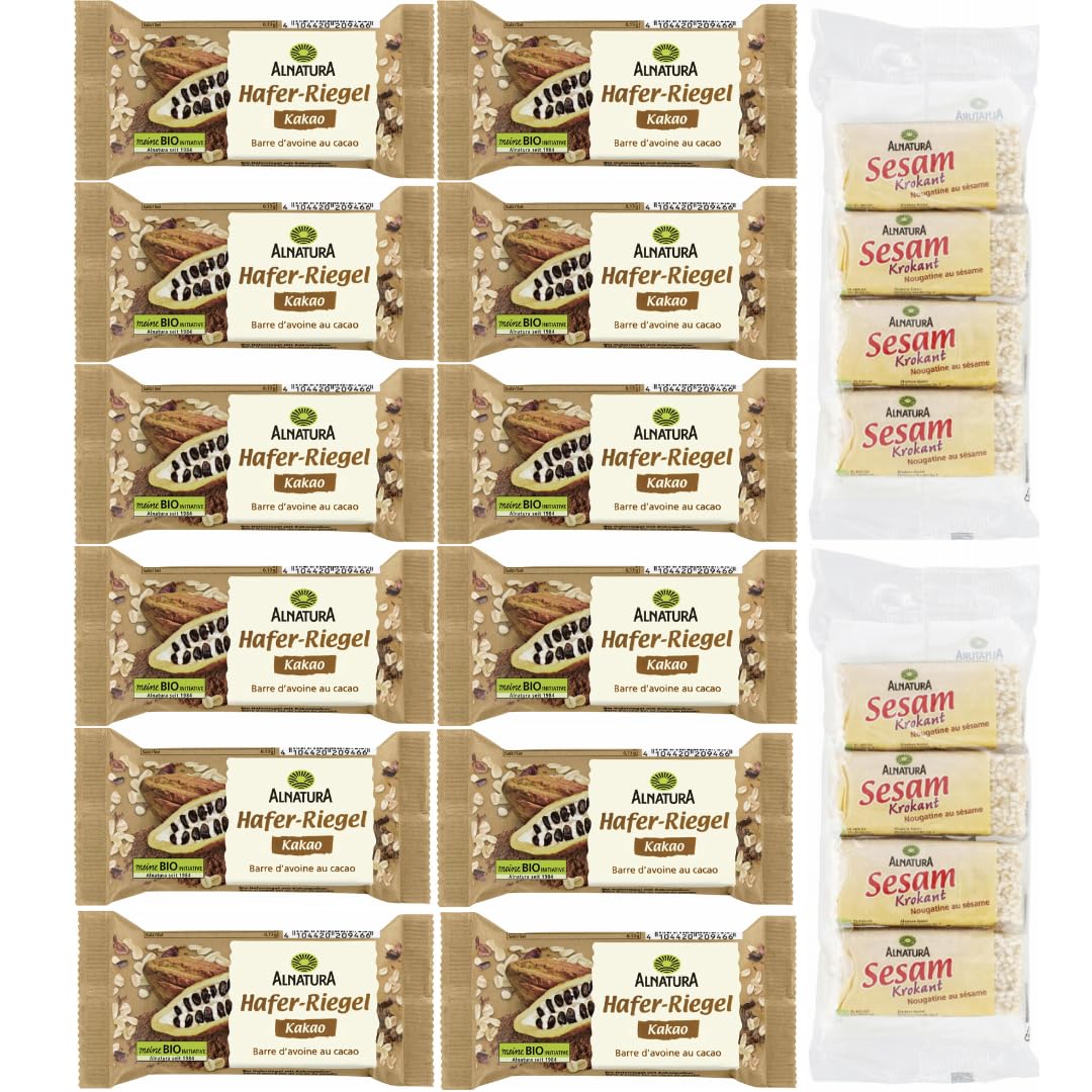 Mit Pufai Grocery, Hafer Riegel Kakao Ein Vollkorn-Hafer-Müsliriegel 60 Gramm x 12 Stück + Sesam Krokant Riegel x 2 STÜCK