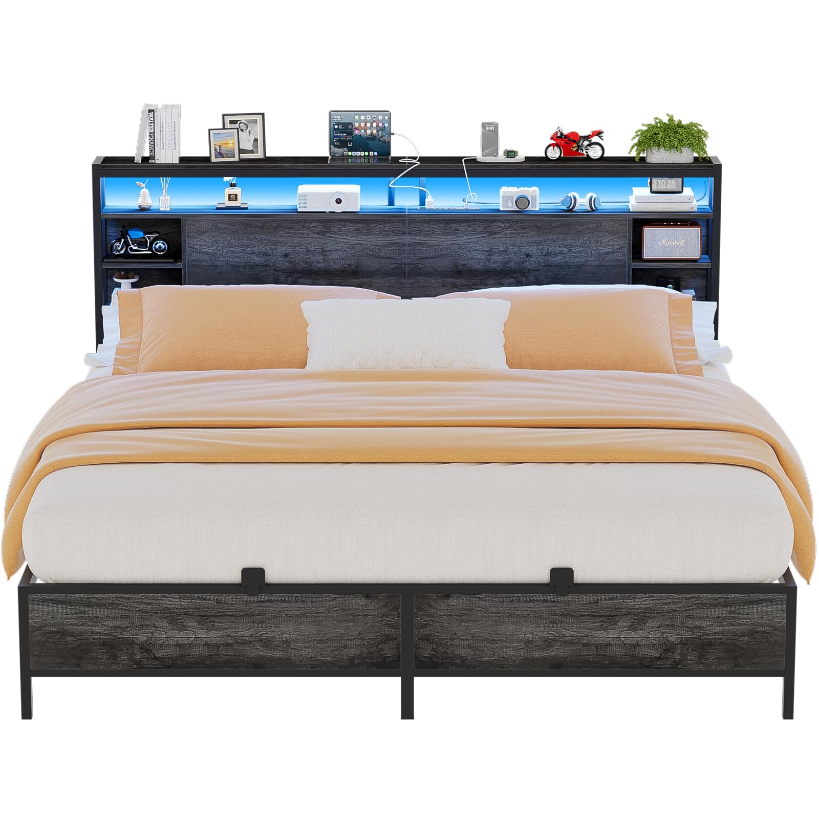 Unikito King Bed Frame with Charging Station and RGB LED Lights Sturdy King Size Platform Bed with Storage