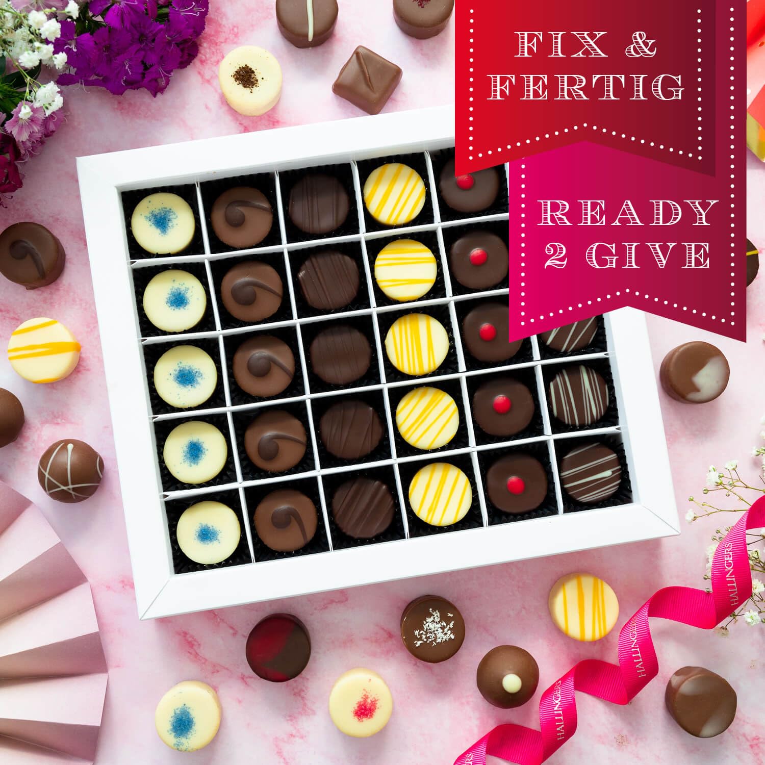 Hallingers Genuss Manufaktur Pralinen Glückwunsch-Geschenk - ohne Alkohol, handmade aus Confiserie-Edelkakao in wertiger XXL-Geschenkbox "Herzlich Willko...", Geschenkidee für Frauen Männer