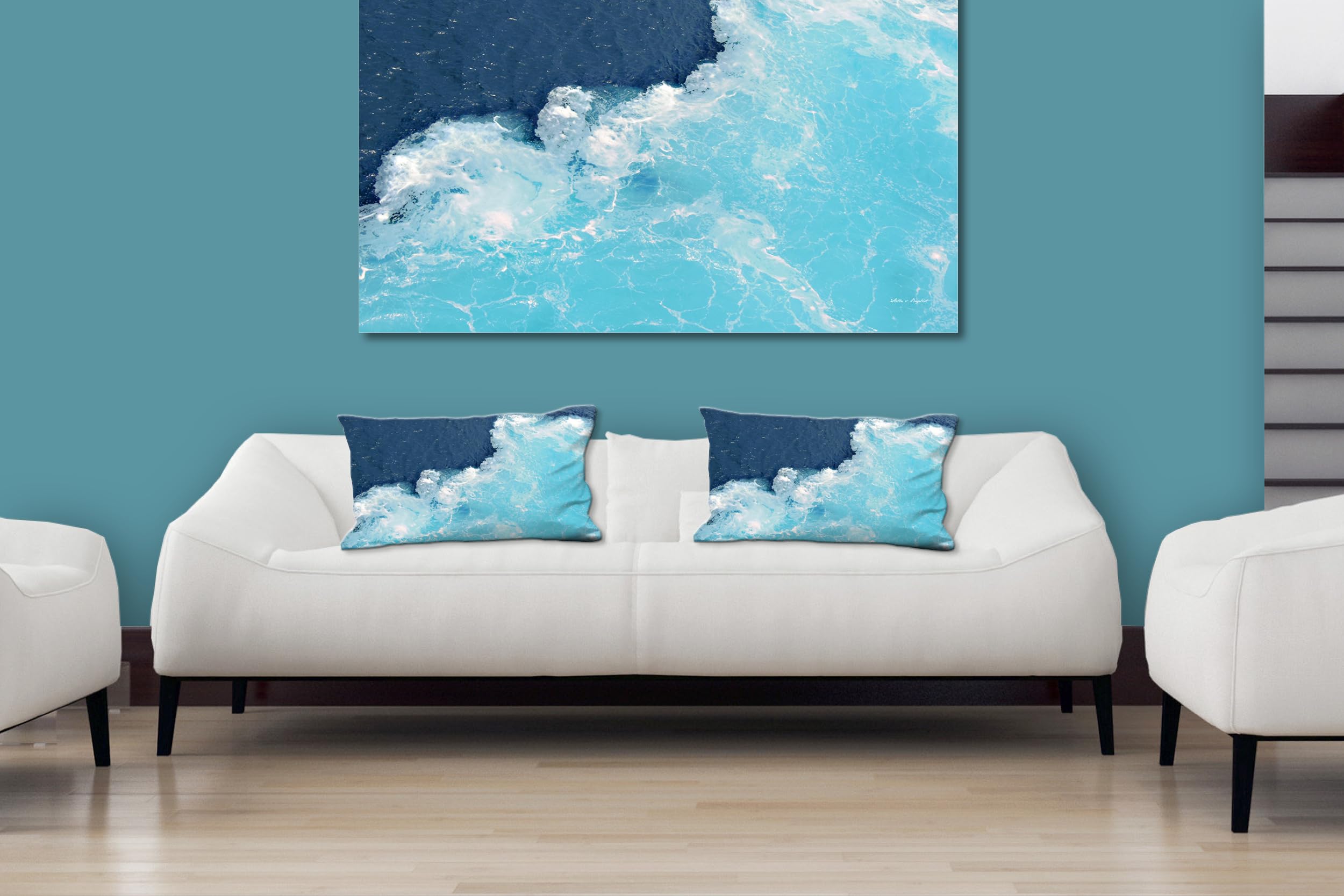 Wellen 3 - Foto-Kissen-Hülle Set (2 STK.) 40 x 40 cm | Kissen-Bezüge - passend zu Wandbild - Deko-Kissen - Strand Wellen Naxos Küste türkis