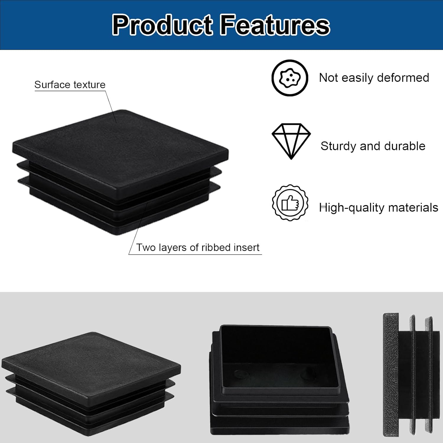 140Pcs Tubing Plug, 2Inch Square Plastic Plug Insert, Square End Caps for Tube Post, Chair Legs, Fitness Eqpt, Fence,Bench Feet,Glide Protection from Chair Legs/Furniture/Floors, Black
