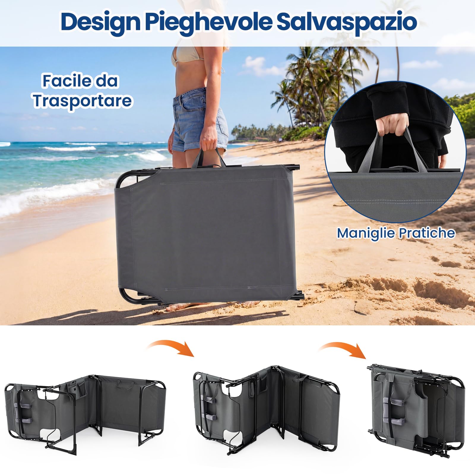 COSTWAY Lettino Prendisole da Spiaggia, Sdraio Mare Pieghevole Portatile con Foro per Viso e Braccia, Cuscino e Tasche Laterali, Schienale Regolabile 4 Posizioni, Portata 150 kg (Grigio)