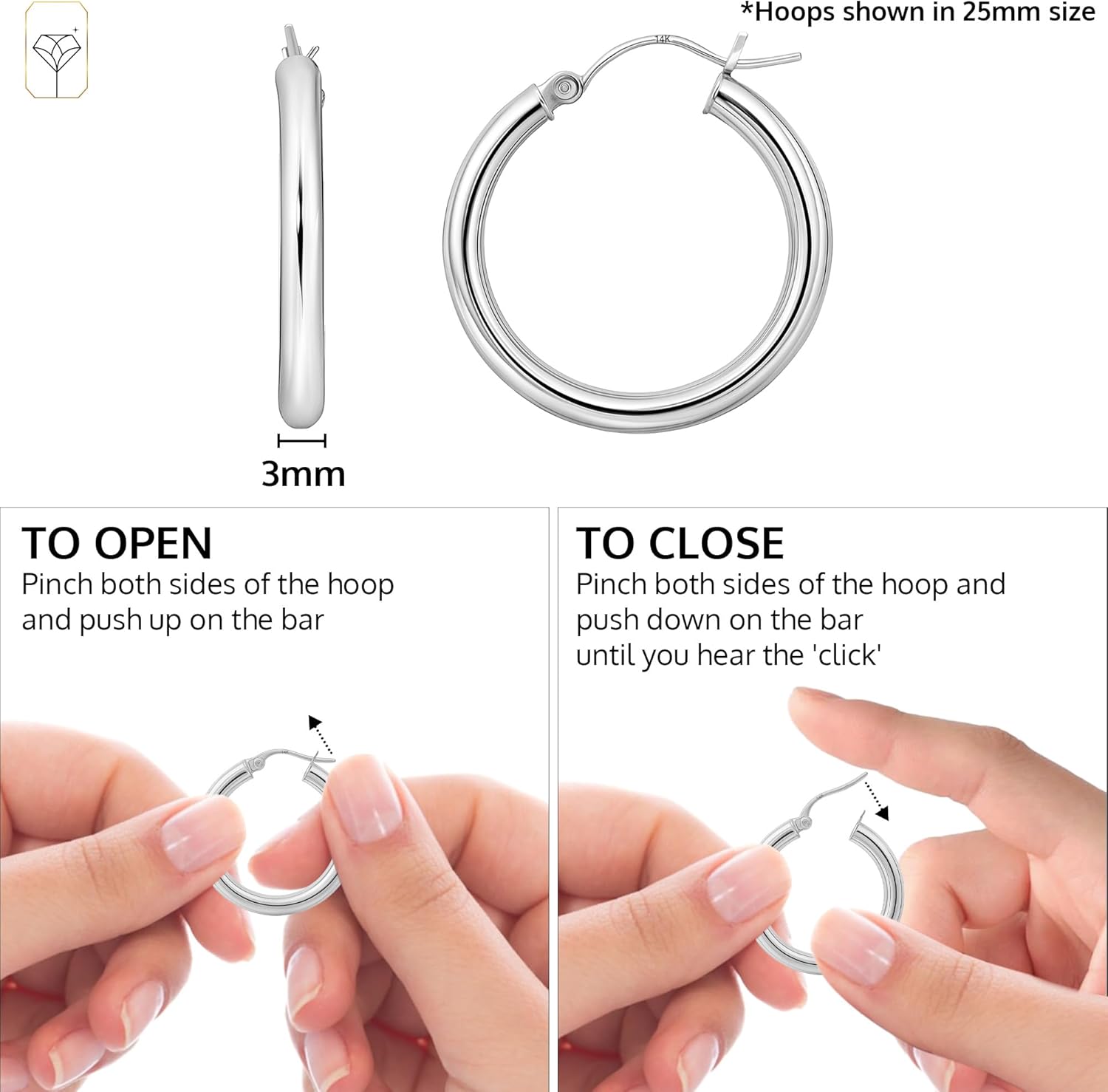 14k Gold Hoop Earrings for Women | Hypoallergenic 20MM, 25MM and 30MM Tube Hoop Earrings with Secure Click Tops |14k Yellow Gold or White Gold Classic Hoop Earrings in 3MM Thick Tube by MAX + STONE