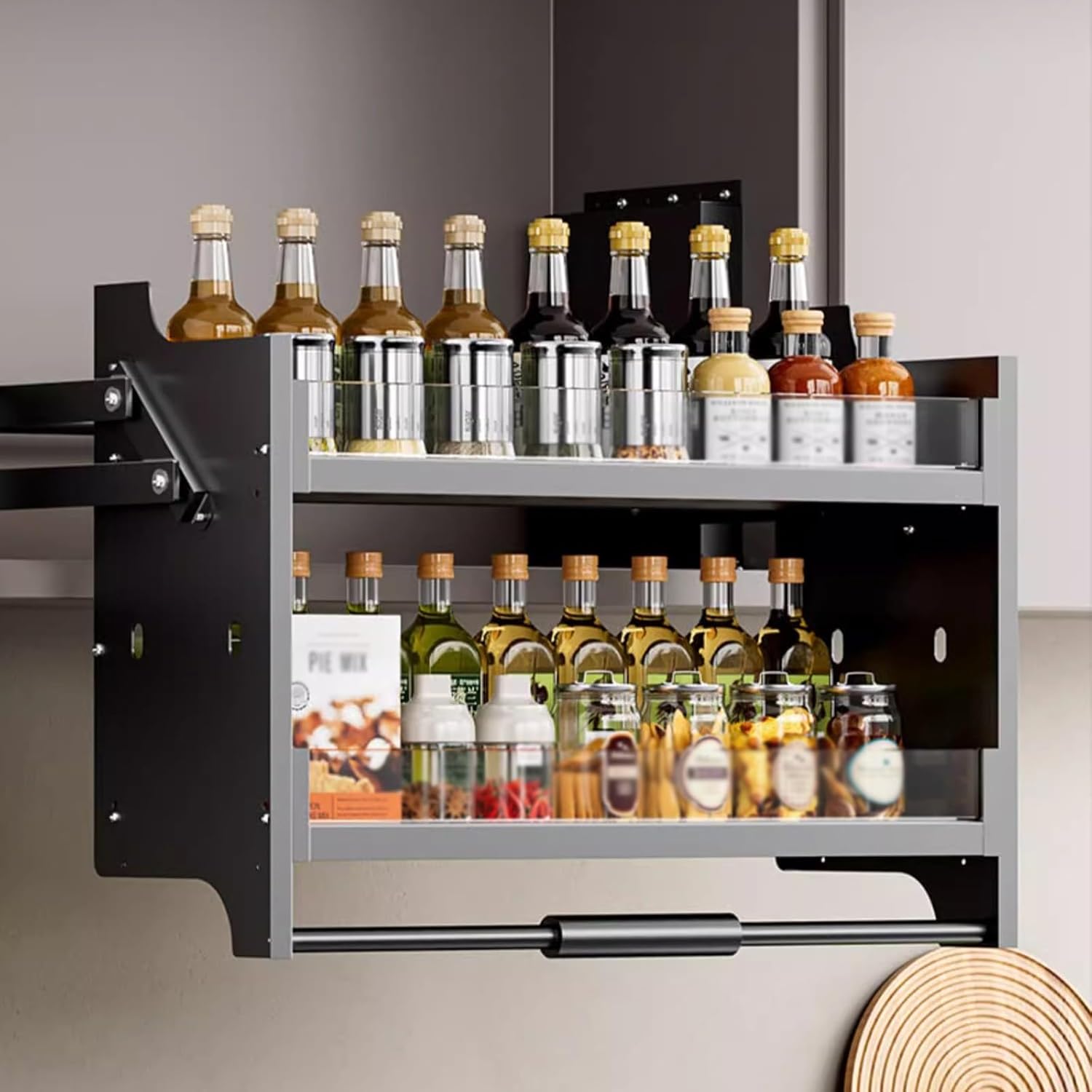 Space-Saving Pull Down Kitchen Cabinet Shelving System - Adjustable 450mm Upper Organizer Shelf for Easy Access in Kitchen & Cafe - Maximize Storage Efficiency