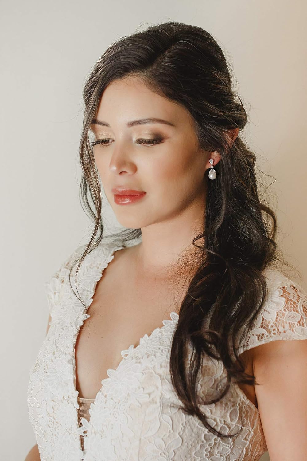 SWEETV Cubic Zirconia Pearl Drop Wedding Earrings for Brides, Ivory Bridal Pearl Earrings for Bridesmaid Jewelry Gift - Image 3