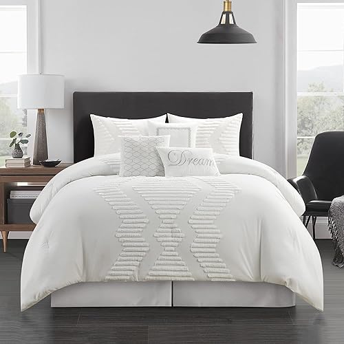 Grand Avenue Juego de edredón bordado copetudo, tamaño Queen, juego de ropa de cama de 7 piezas, color blanco, ultrasuave, almohadas y fundas, para
