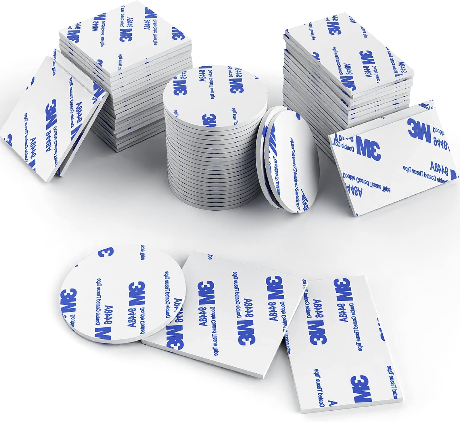 Double Sized Sticky Pads, 60pcs Double Sided Foam Tape Self Adhesive, 2 Sized Mounting Tape with Squares, Rectangle and Round(White)