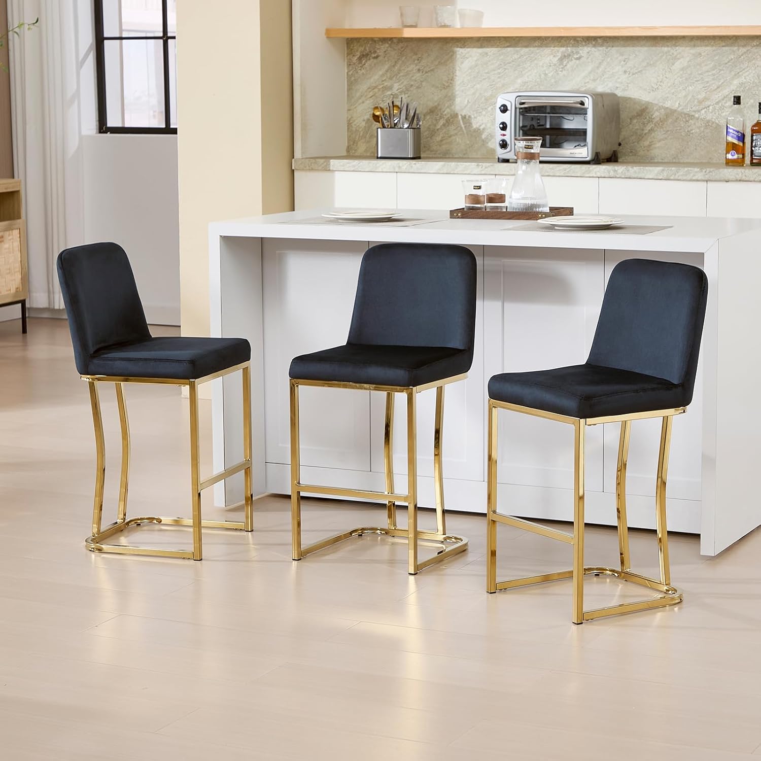 24”H Counter Height Barstools Set of 2, Velvet Mid Century Modern Barstools with Golden Legs, Upholstered Bar Chair with Back for Bar, Kitchen Island, Pub, Black
