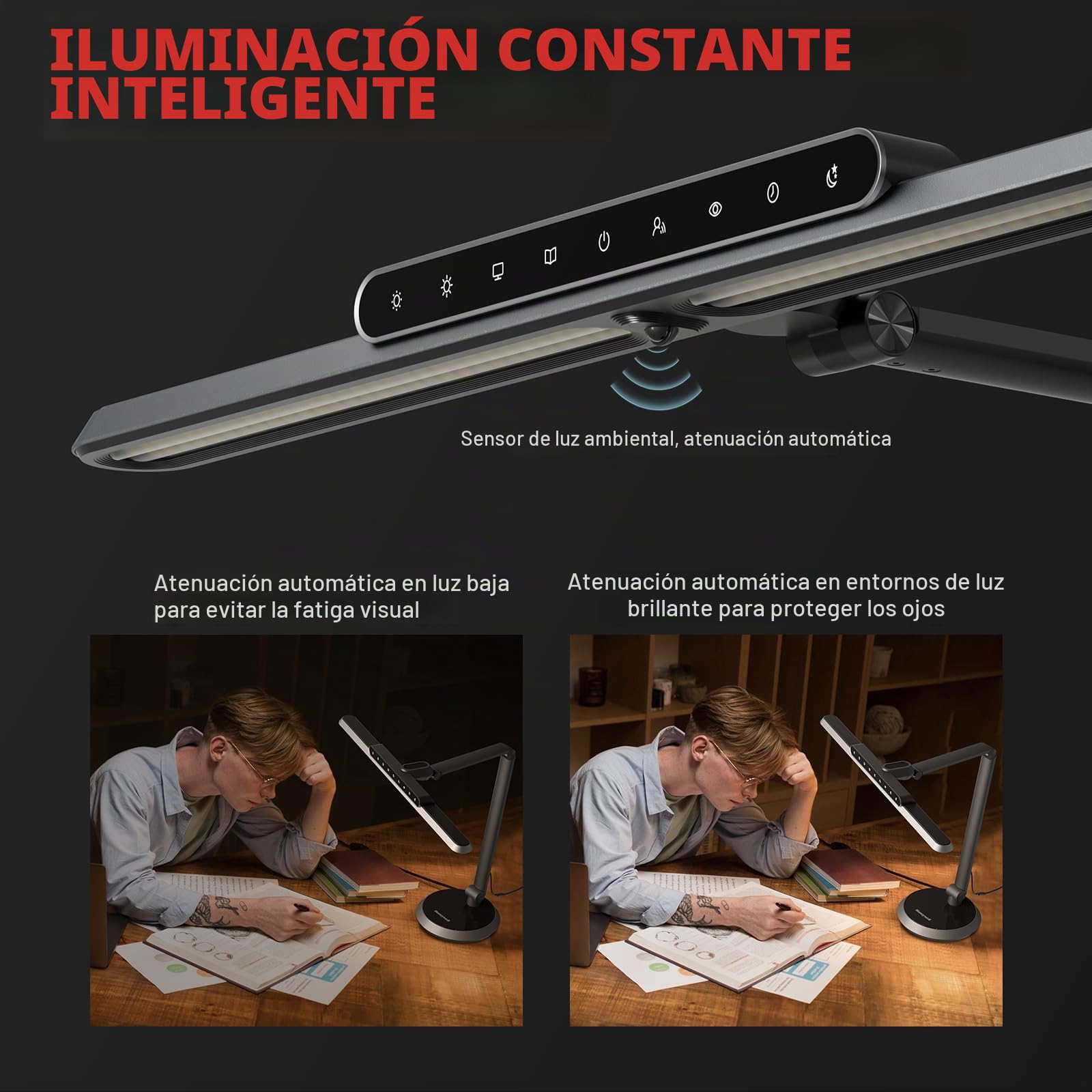 Honeywell Lámpara escritorio LED regulable H9 Sunturalux sensor movimiento | 1000LM, 2700K-5000K, cuidado ocular, RG0 baja luz azul, regulación continua, lámpara para escritorio, estudio y ordenador