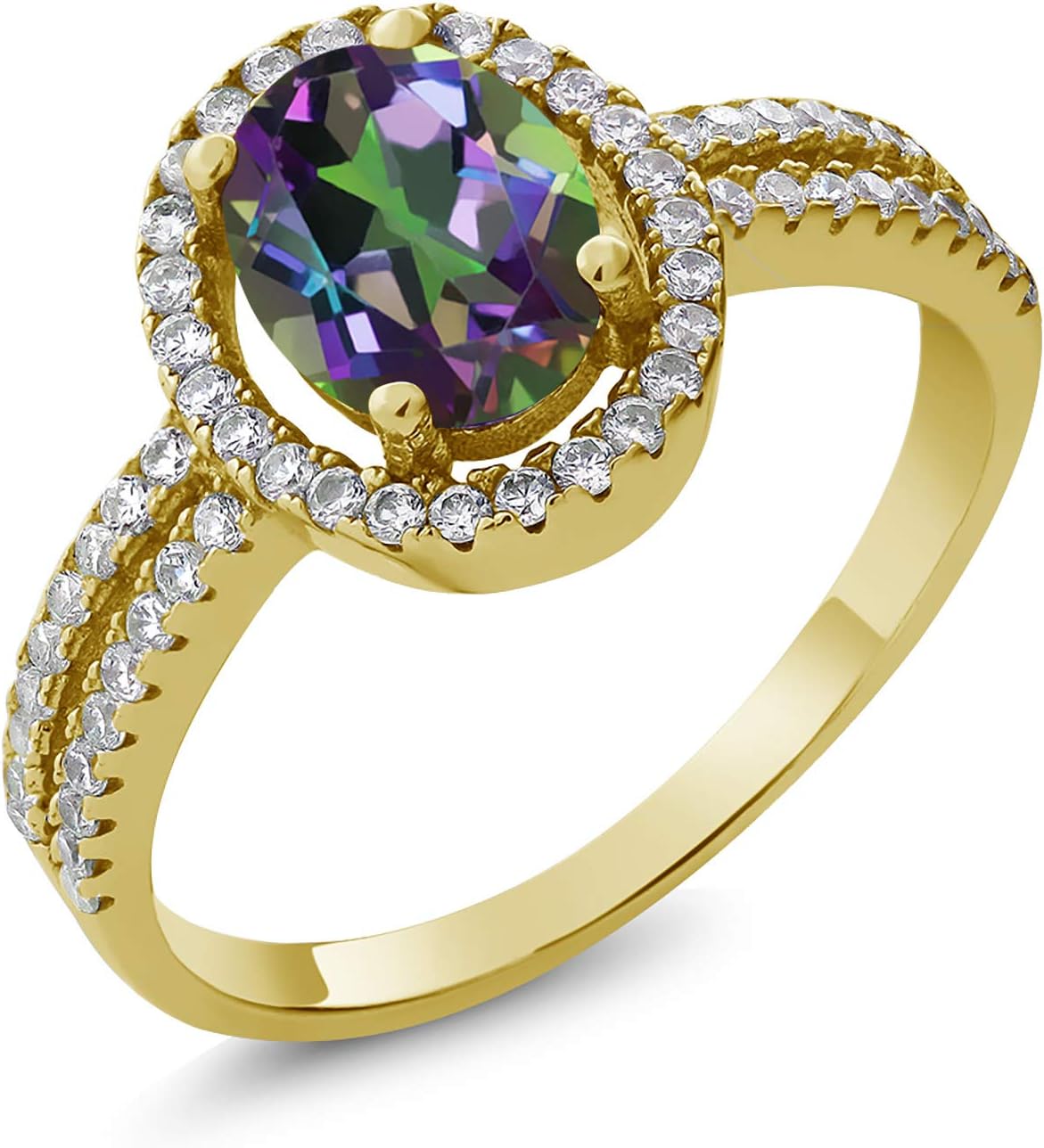 Gem Stone King 18K Yellow Gold Plated Silver 8X6MM Oval Gemstone Birthstone Split Shank Double Halo Engagement Ring | Wedding Band Anniversary Promise Ring For Women