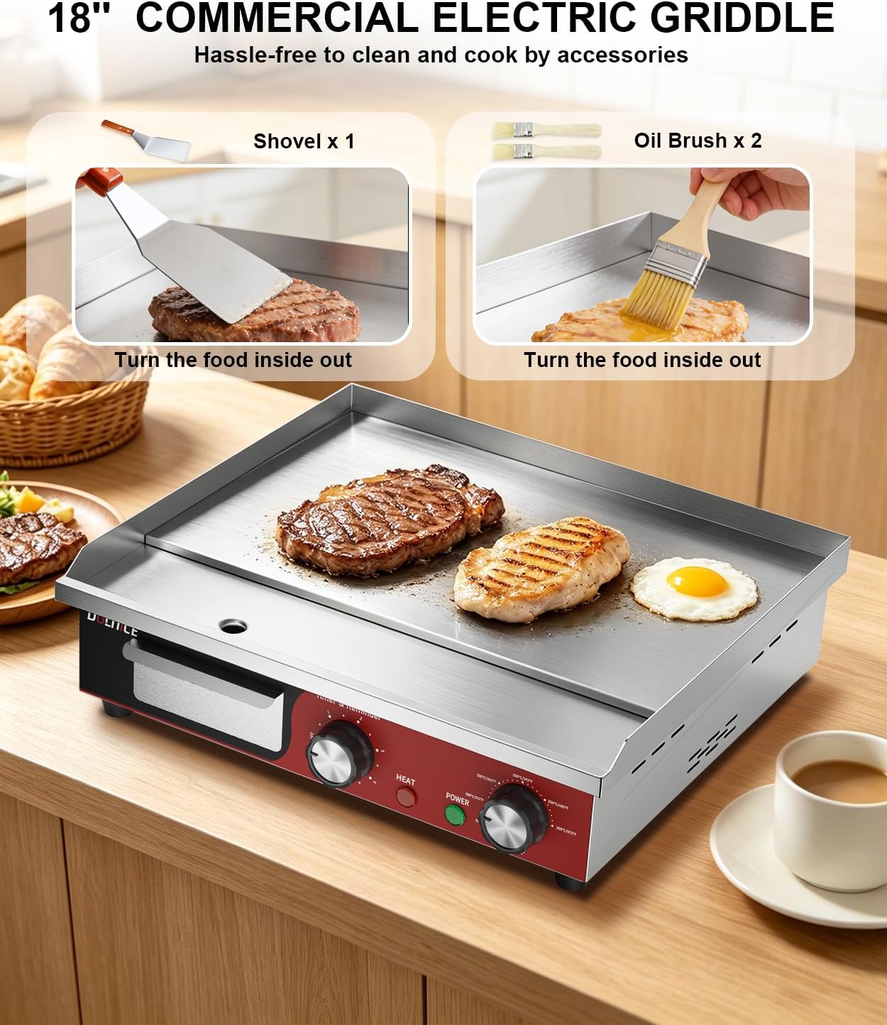 18 Commercial Electric Griddle with 5 Minute Reminder Timer, 1500W