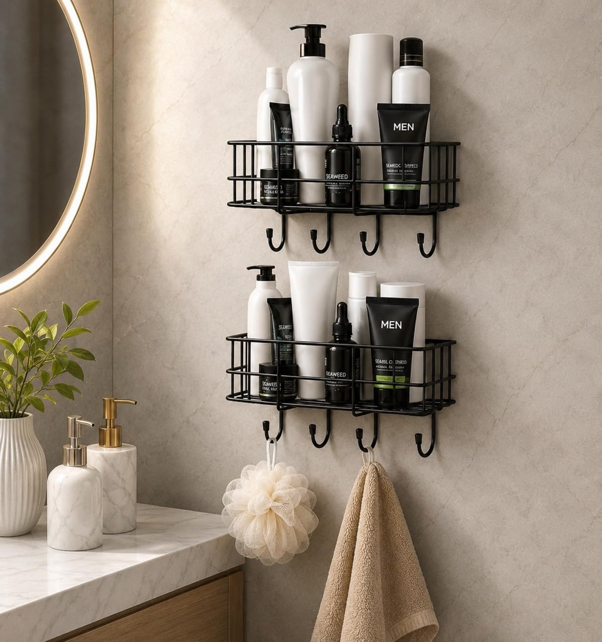 Self Adhesive Bathroom Shelf Organizer with 4 Hooks, Wall Mounted Shower Caddy, Rust Resistant Stainless Steel Storage Rack for Shampoo, Soap & Toiletries, No Drill Bathroom & Kitchen Shelf, Pack of 2-image-13