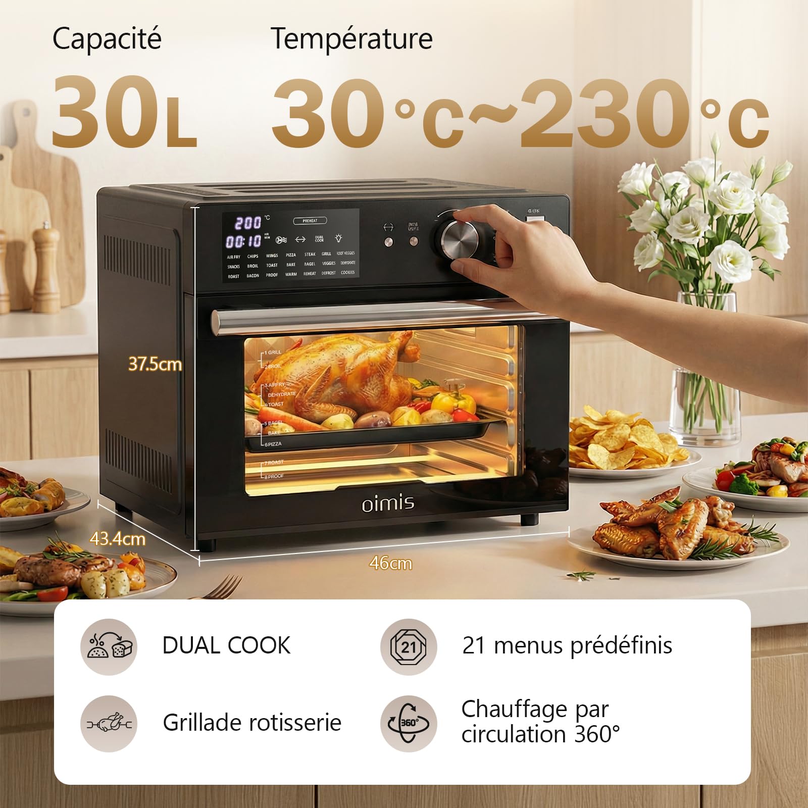 Air Fryer xxl, 1800W Friteuse Sans Huile, 21 in 1 Petit Four a Pizza Electrique avec 7 Accessoires, Grande Capacité, Livre Recette, Grill, Dual Cook, Four, Noir