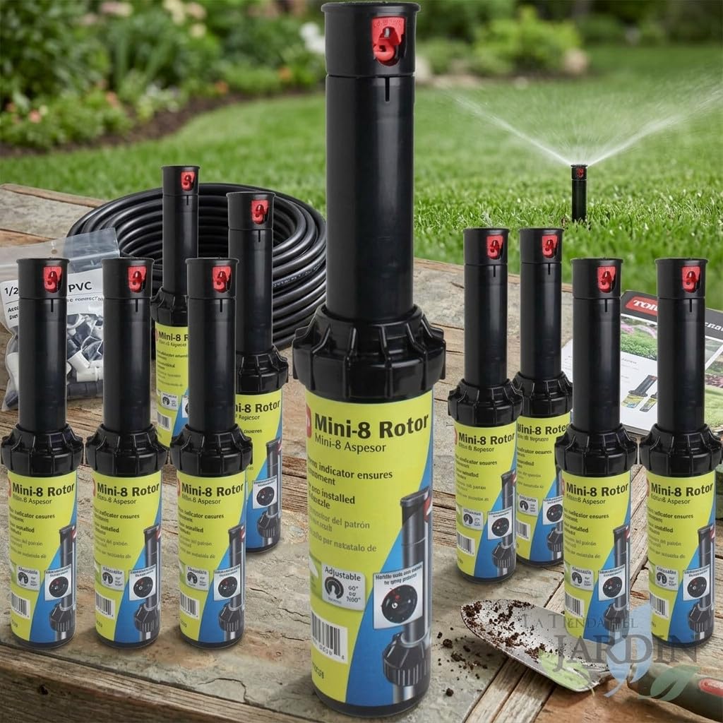 Suinga Aspersor de Riego MINI8 | Pack 10 Aspersores Turbina Emergente 1/2'' | Ángulo Ajustable | Alcance 6 a 10,7 m | Riego Uniforme y Eficiente para Jardines y Zonas Verdes