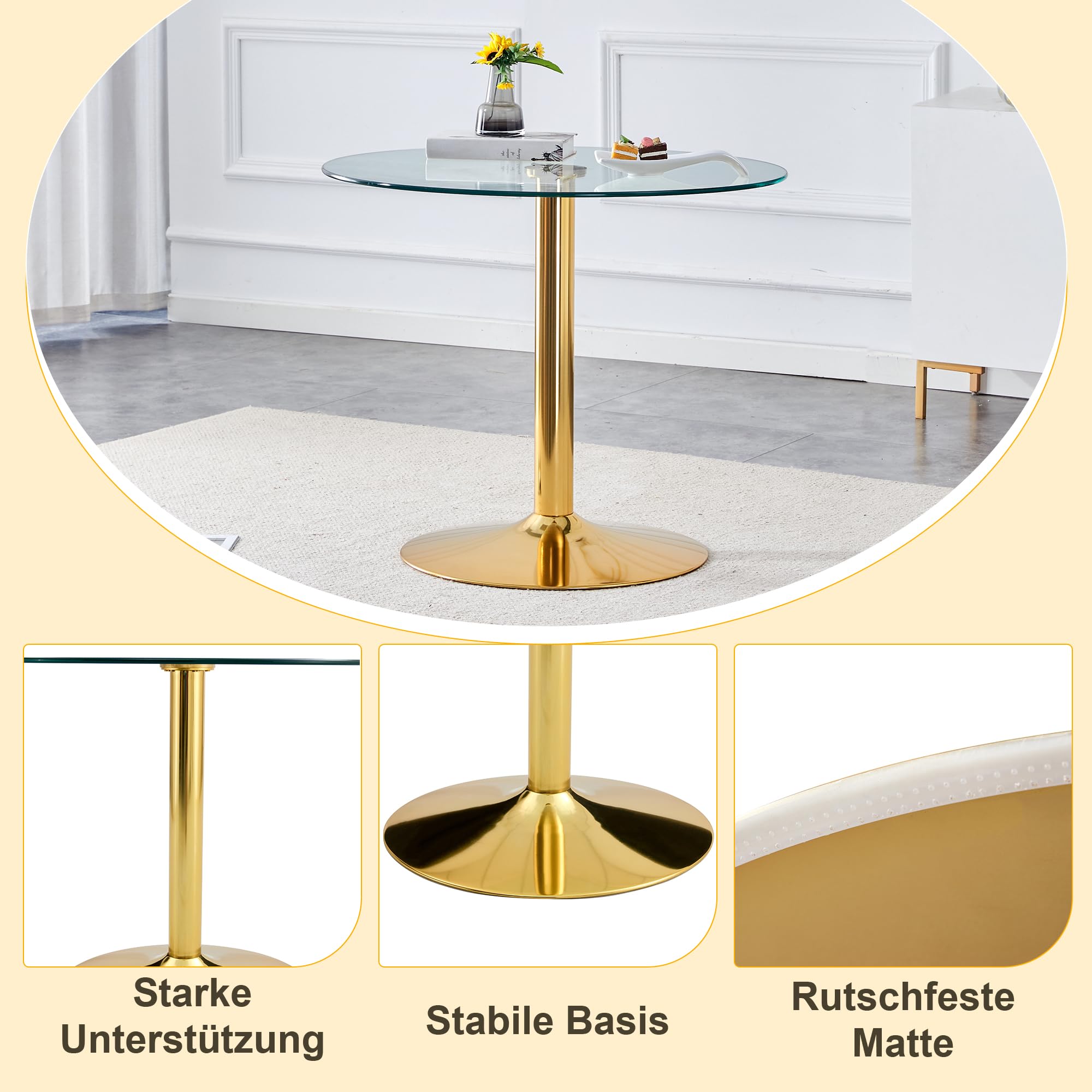 Runder Esstisch 85 cm Durchmesser, Küchentisch mit Glasplatte und Metallbeinen, Moderner Glastisch, runder Bistrotisch, stabiles Sicherheitsglas, Pflegeleichte Glasoberfläche, Gold