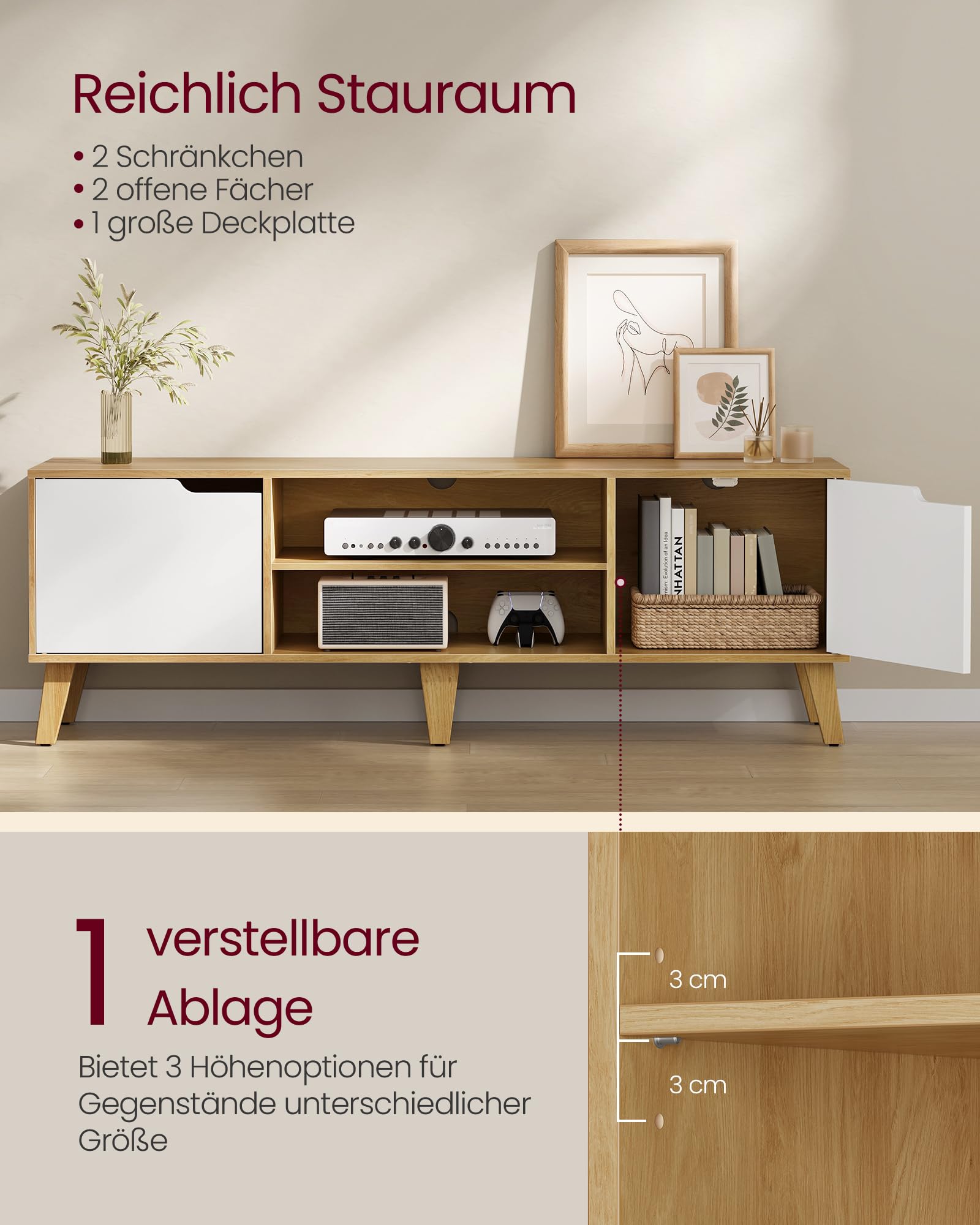VASAGLE TV-Schrank, Lowboard, Fernsehschrank mit Verstellbarer Ablage, für Fernseher bis zu 65 Zoll, 147 cm lang, Übergangsstil, Fernsehtisch, Wohnzimmer, natureichenfarben-cremeweiß LTV556Y01