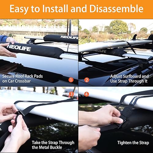 Miniatura 5 de WONITAGO Soft Roof Rack Pads with Two 15 Ft Tie Down Straps for Surfboard, SUP Paddleboard, Snowboard, 2834inch (Pair) BlueBlack