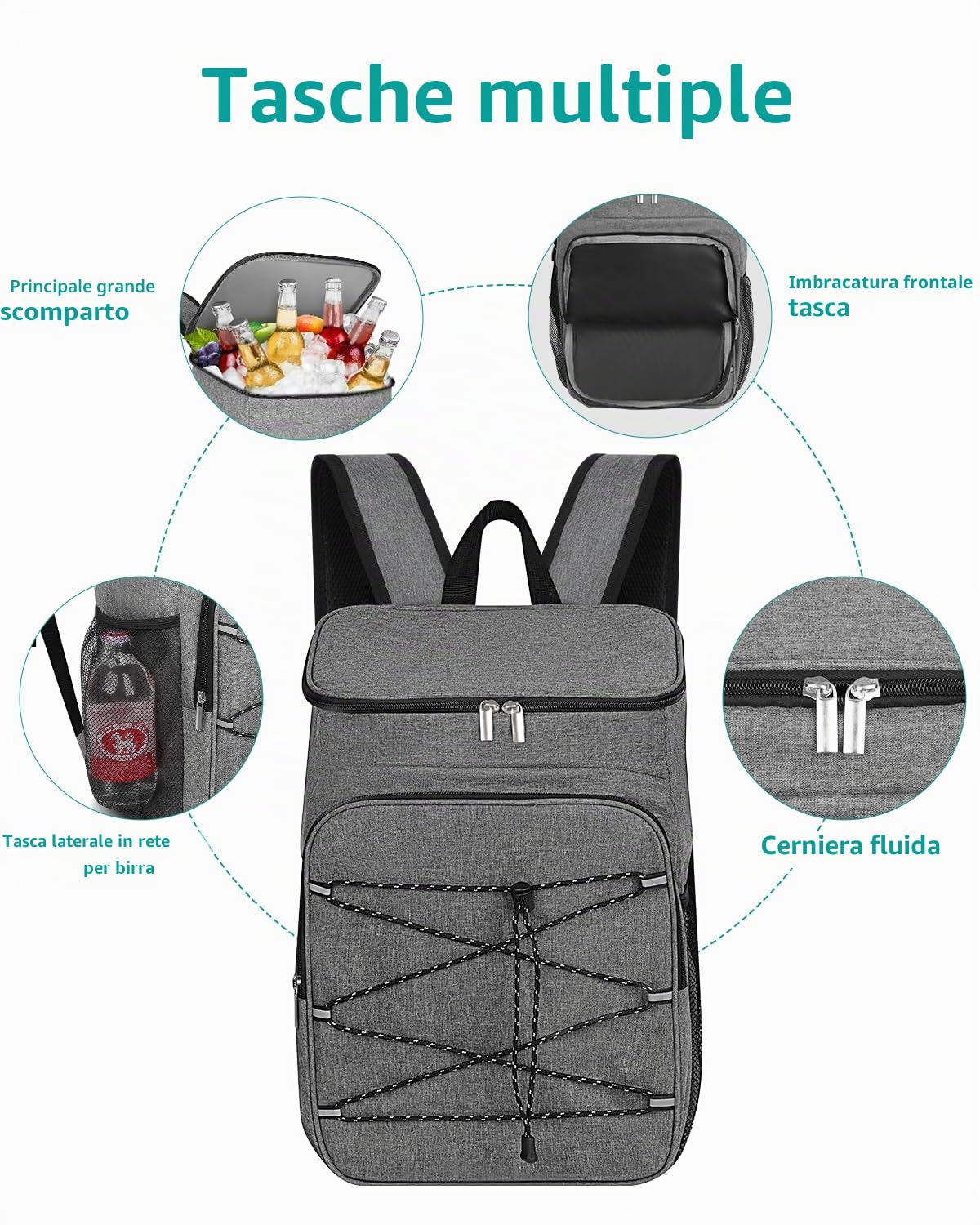 Borsa Frigo Isoterma Impermeabile 23L Zaino Termico per Mare Pic-Nic Campeggio Grigio