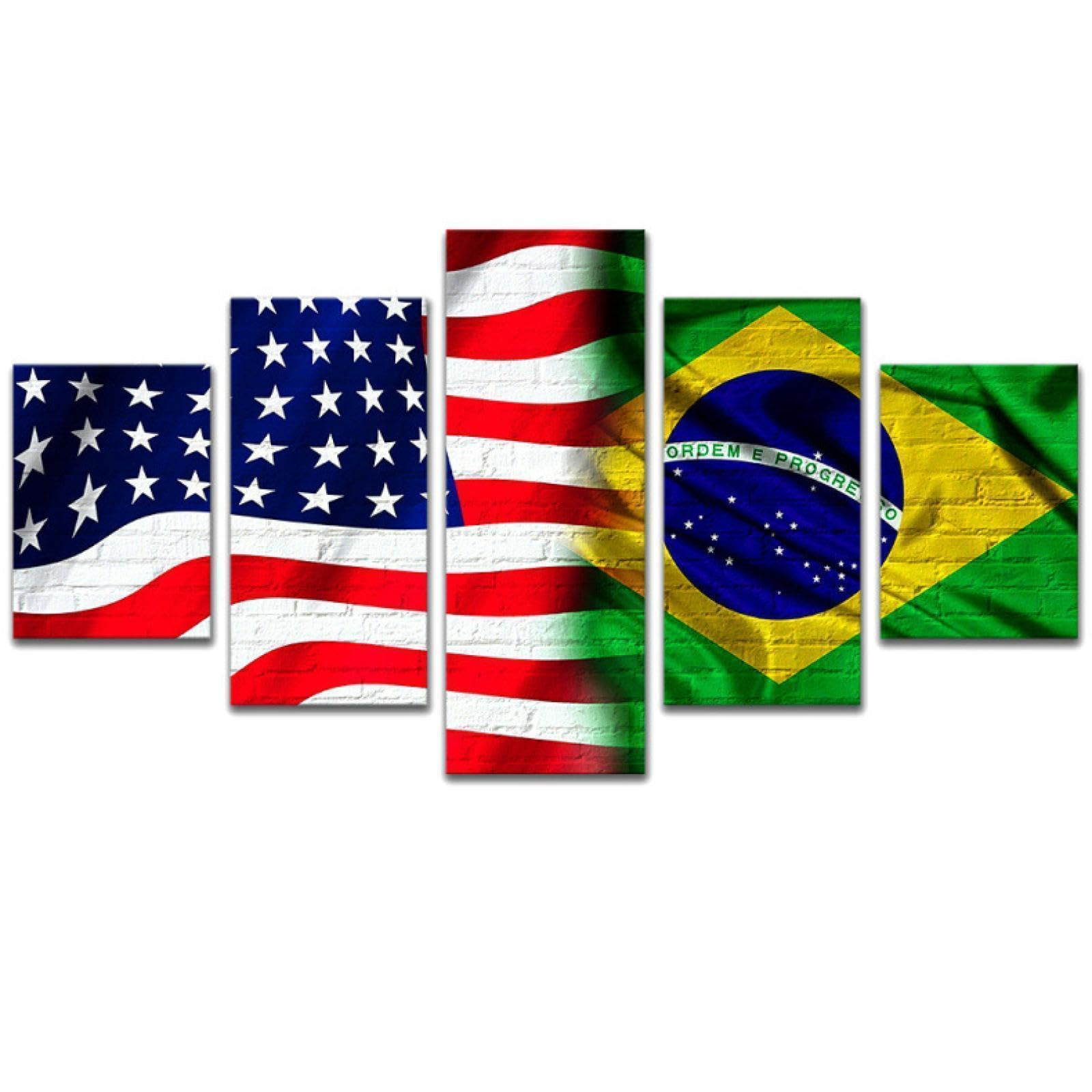 American and Brazil Flag Canvas Painting Wall Art Patriotic Decorations for Bedroom Home Office Meeting Room Party Bar 5 Pieces Giclee Prints Pictures Framed and Stretched Ready To Hang