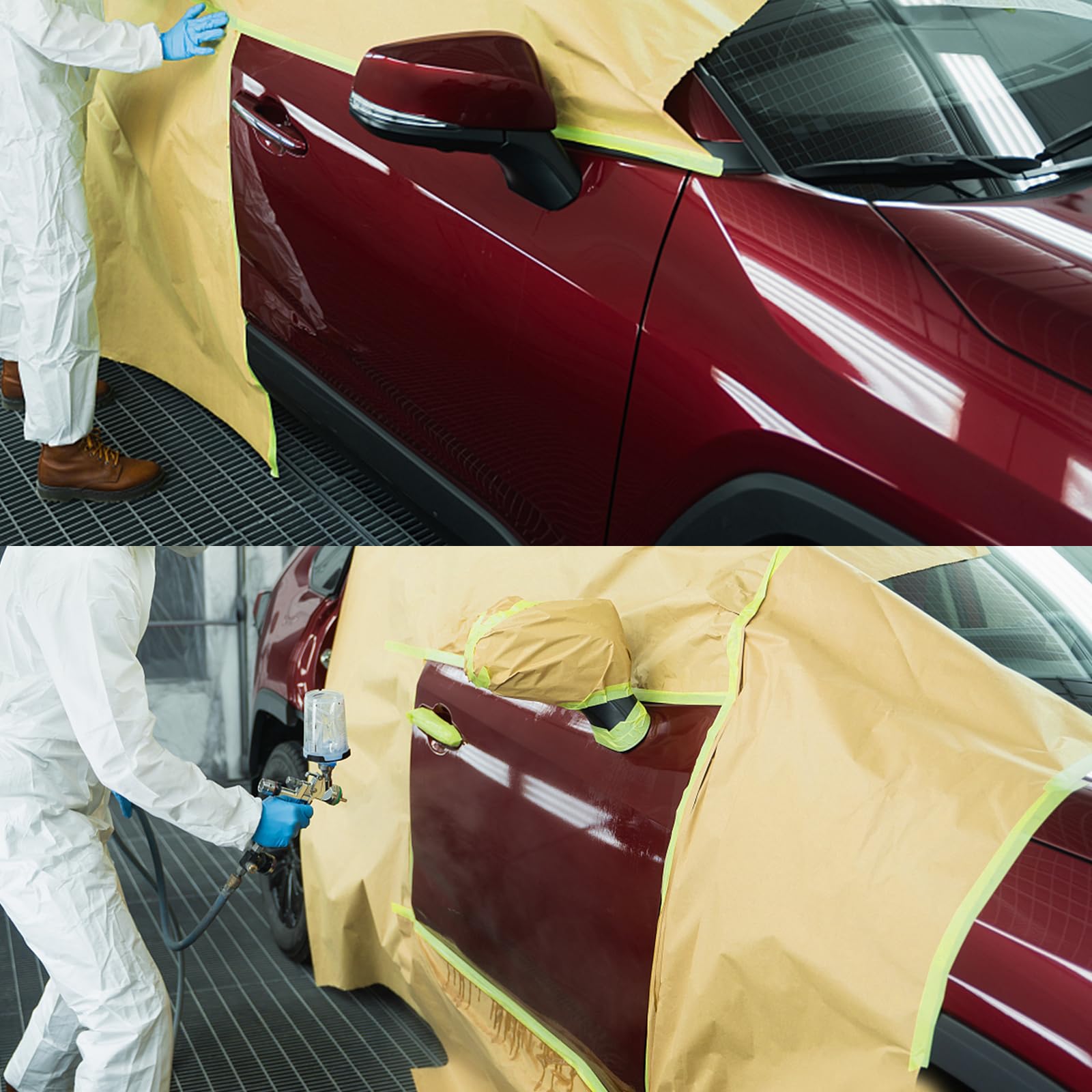 Papel de enmascarar precintado con dispensador, papel de pintor de 12 pulgadas x 66 pies y cinta adjunta para pintar casa, rollo de papel de enmascarar pintura automotriz para ventanas, automóviles
