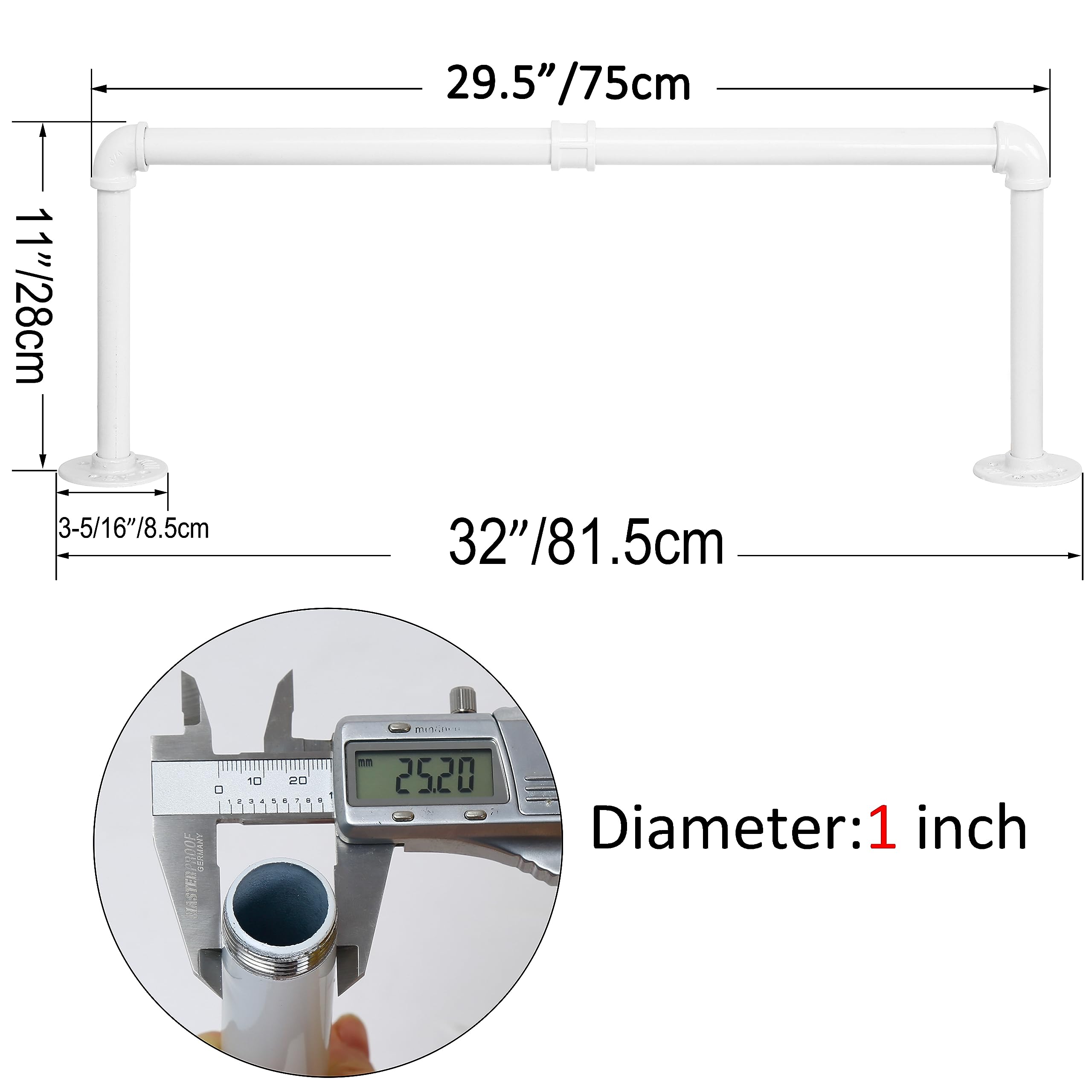 WEBI Clothing Rack Wall Mount,32'' Industrial Pipe Clothes Rack for Hanging Clothes,Heavy Duty Iron Garment Rack Bar,Retail Display Clothes Rod for Closet,Laundry Room,White,2 Packs
